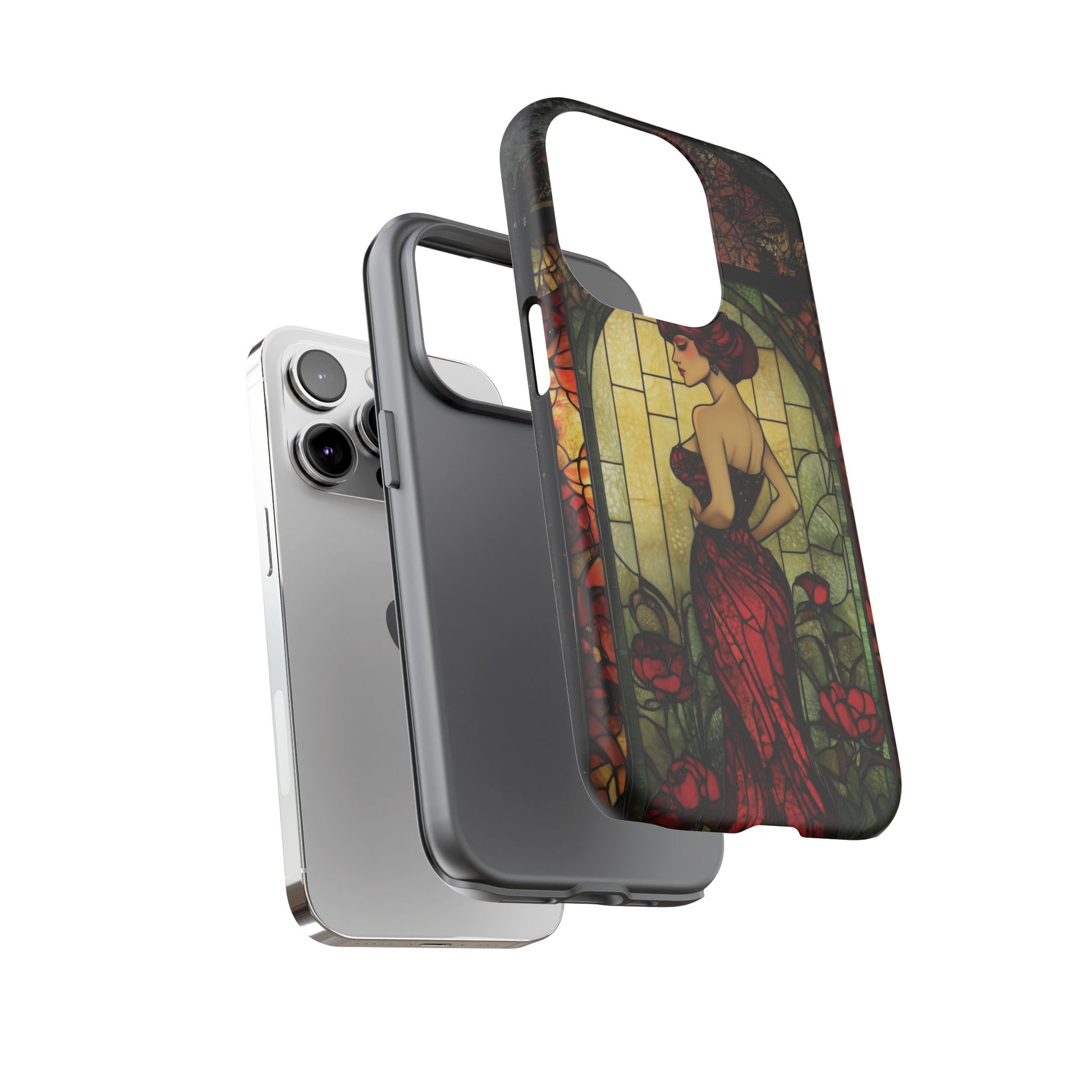 Art Deco Flapper Woman Rose Phone Case 1920s Art Nouveau Design in Red Stained Glass Alphonse Mucha Style Gatsby Style Poster