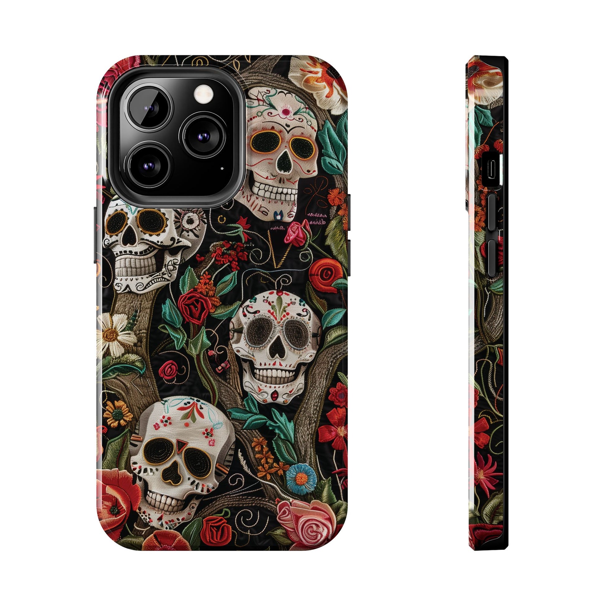 Embroidered Look Sugar Skulls Phone Case, Flowers and Skulls, Halloween Cottagecore Day of the Dead, iPhone Dia de Los Muertos Gothic