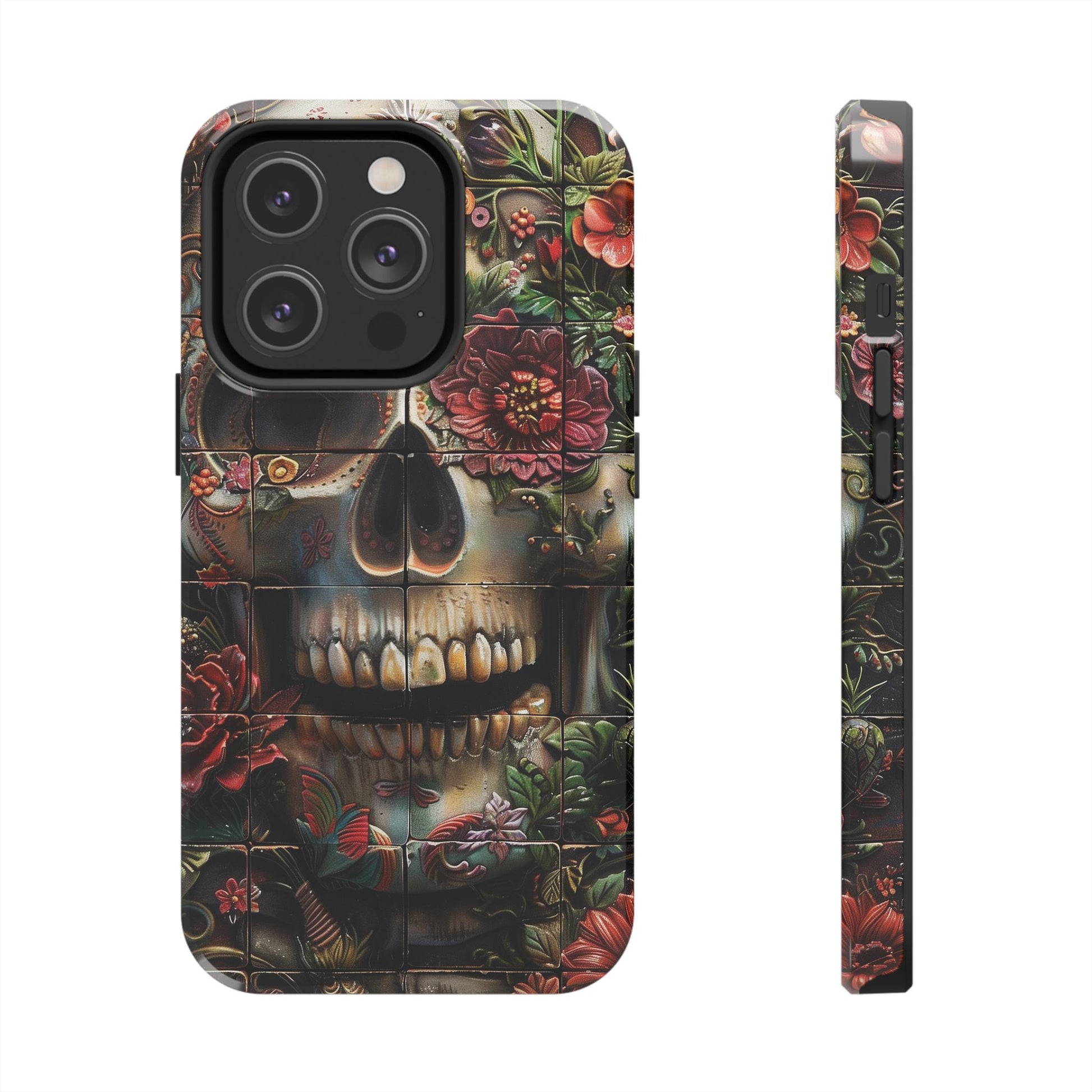 Sugar Skull Phone Case Flowers and Skeletons, Halloween Cottagecore Day of the Dead, Dia de Los Muertos Gothic, iPhone 15 Spooky Case