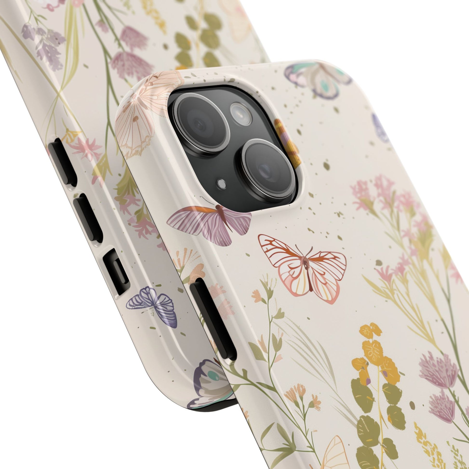 Butterfly Meadow Scene Cottagecore iPhone 15, Pastel Wildflowers & Butterflies, Natural iPhone Case, Cottagecore Garden Case, iPhone 14
