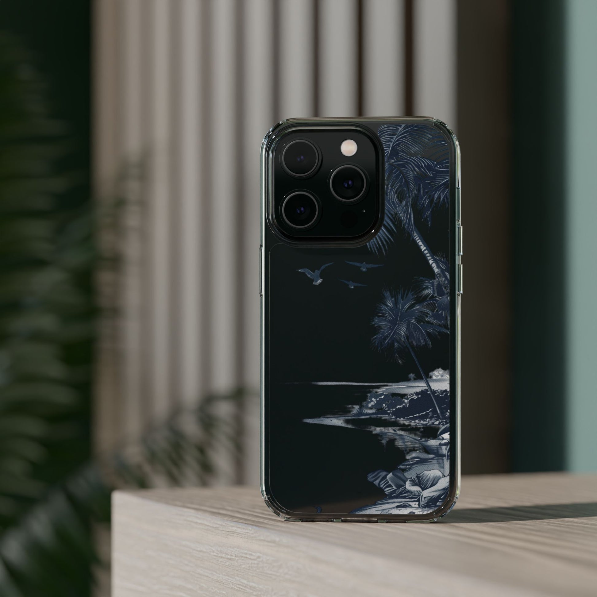 Hand-Drawn Art Beach Scene Clear Phone Case Tropical Palm Trees Surfing iPhone 13 14 15 16 Pro Max Galaxy S23