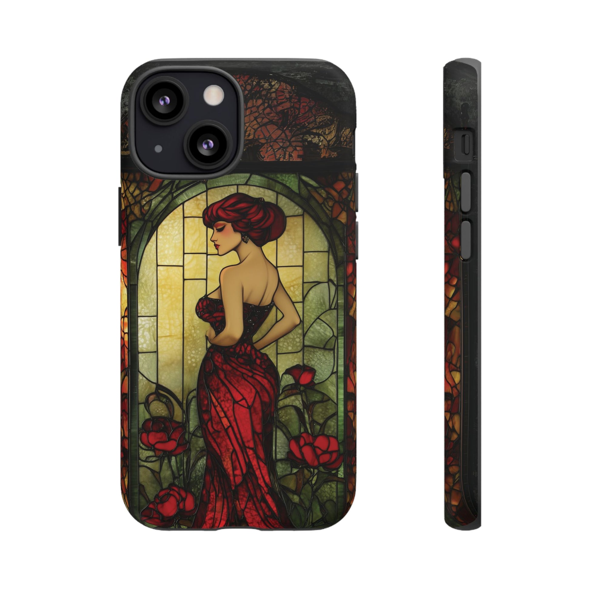 Art Deco Flapper Woman Rose Phone Case 1920s Art Nouveau Design in Red Stained Glass Alphonse Mucha Style Gatsby Style Poster
