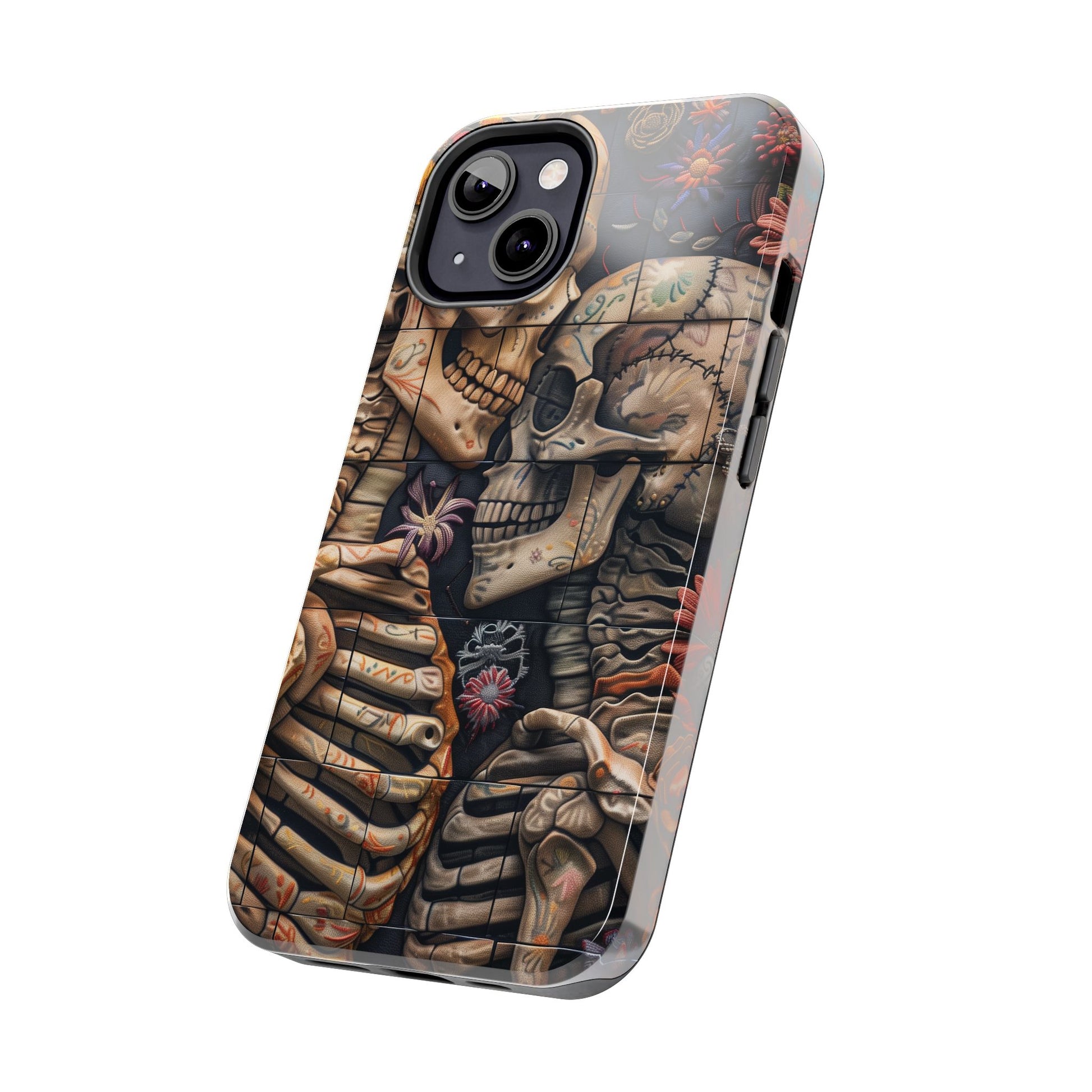 Embroidered Skeletons Phone Case, Flowers and Skulls, Halloween Cottagecore Day of the Dead, iPhone Dia de Los Muertos Gothic