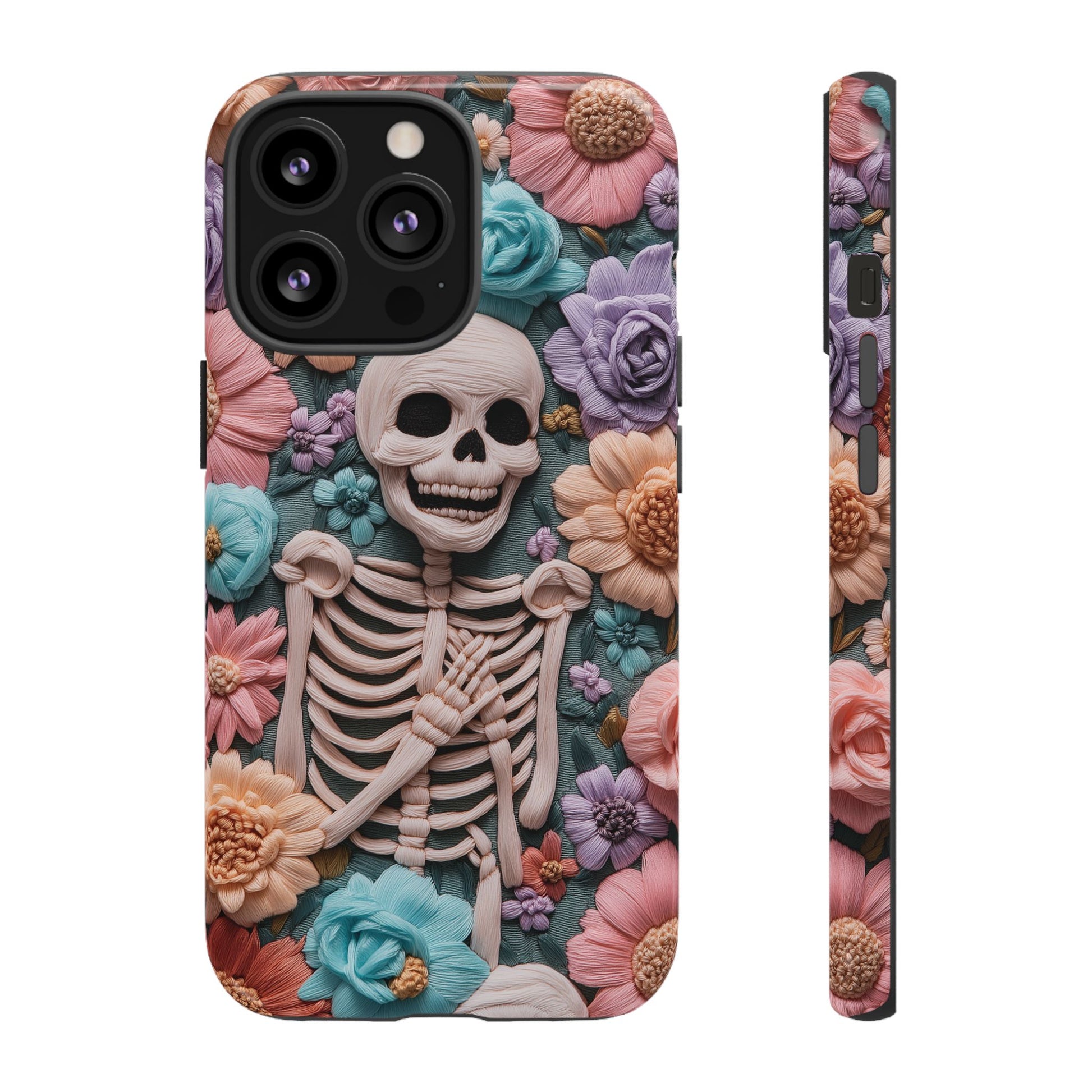 Embroidered Skeleton Gothic Cottagecore Halloween Phone Case 3D Look Flowers Pastel Custom 13 14 15 16 Pro Max Plus Galaxy Pixel