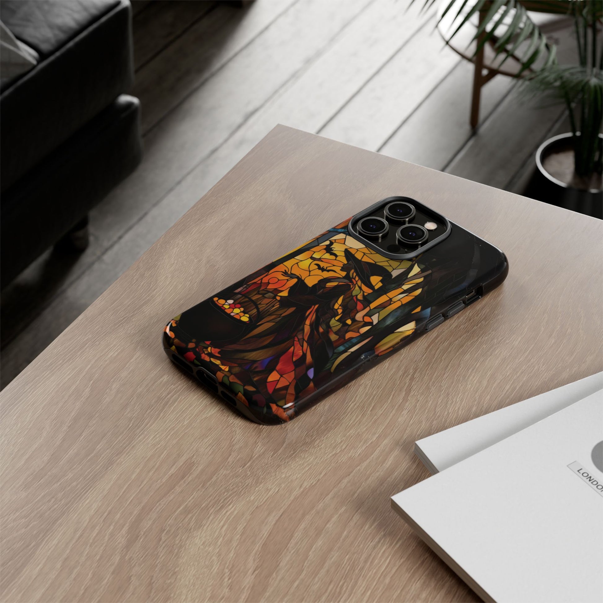 Halloween Witch Stained Glass Effect Dark Academia Spooky Fall Witchy Pumpkin Bats Seasonal Fall Mosaic Case iPhone 13 14 15 16 Pro Max