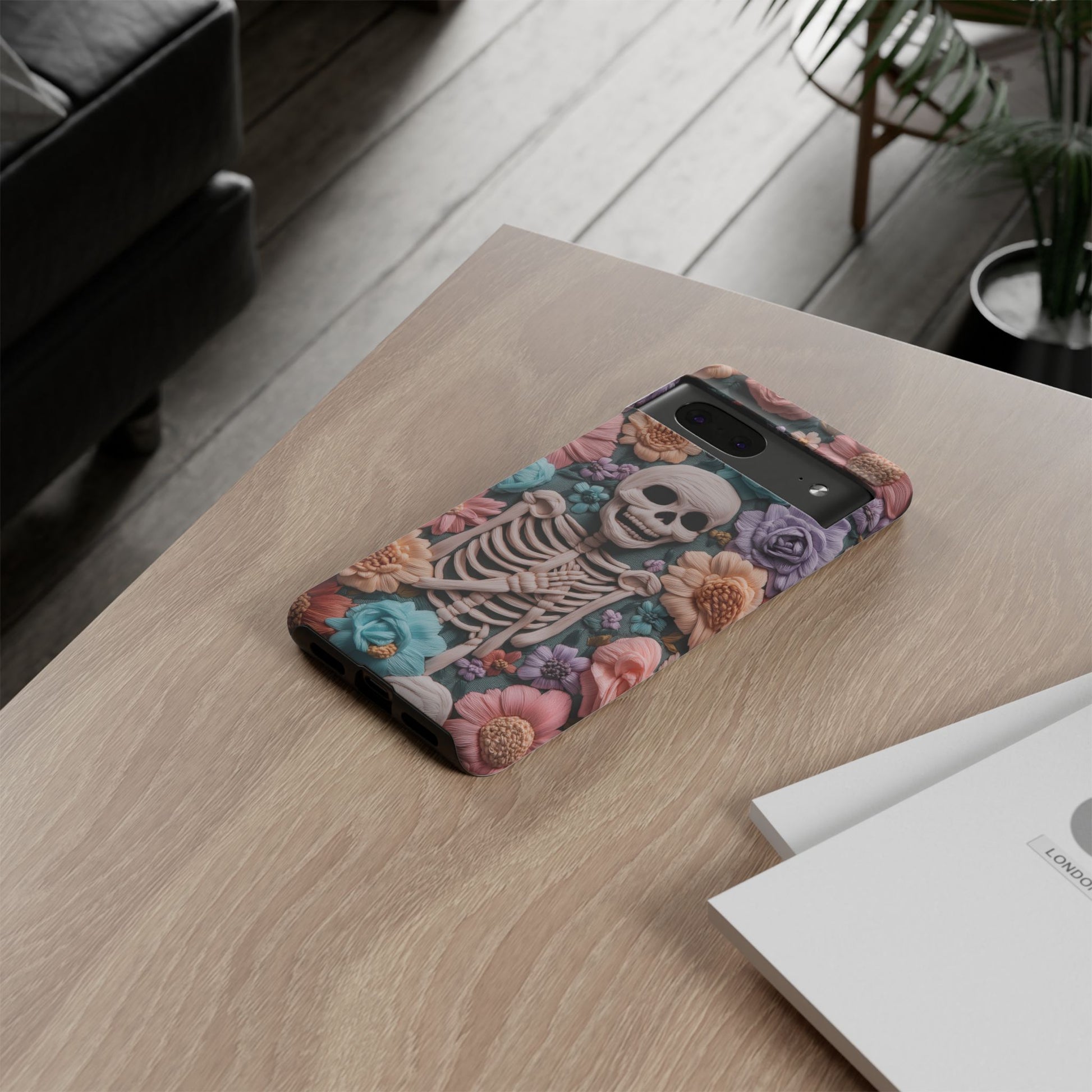Embroidered Skeleton Gothic Cottagecore Halloween Phone Case 3D Look Flowers Pastel Custom 13 14 15 16 Pro Max Plus Galaxy Pixel