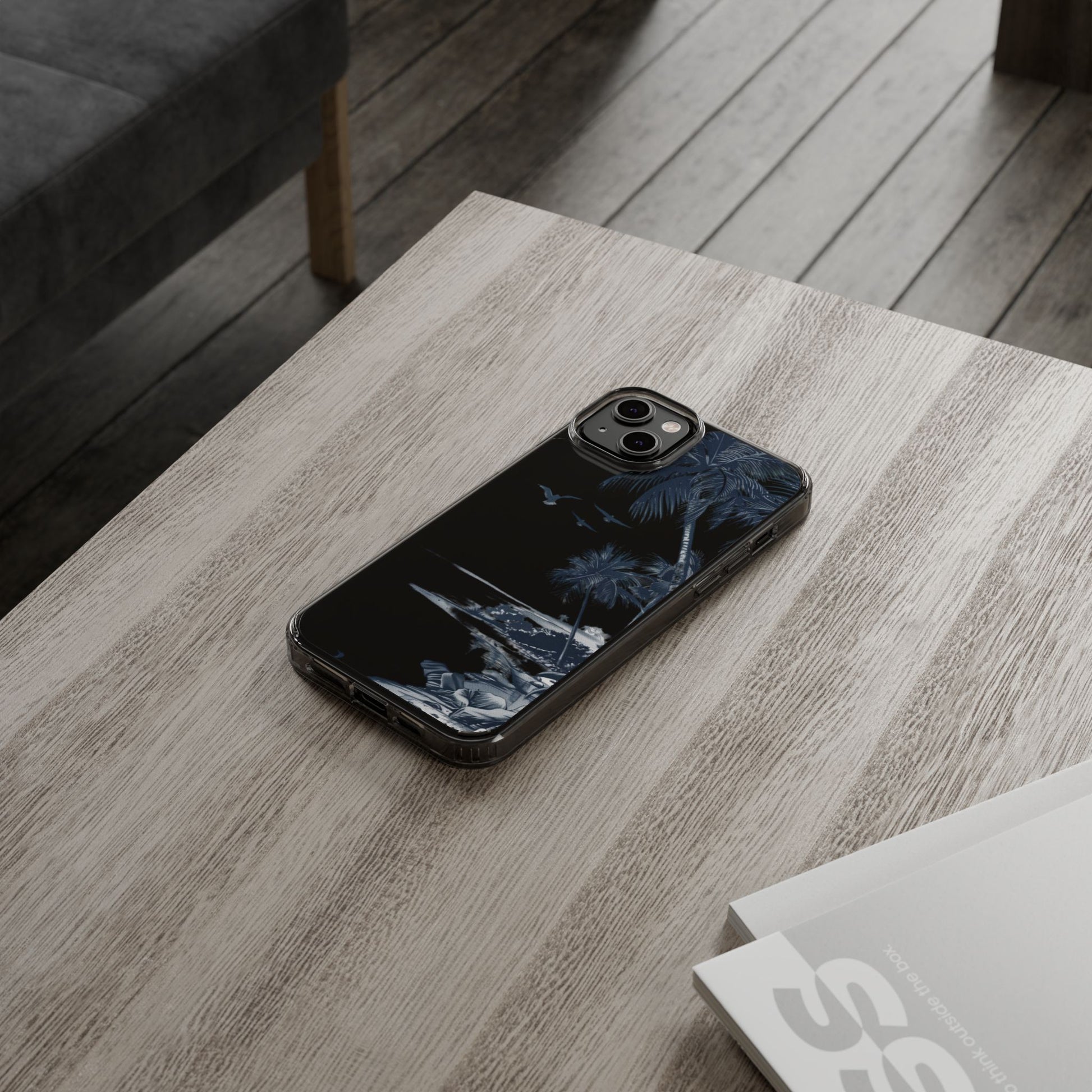 Hand-Drawn Art Beach Scene Clear Phone Case Tropical Palm Trees Surfing iPhone 13 14 15 16 Pro Max Galaxy S23