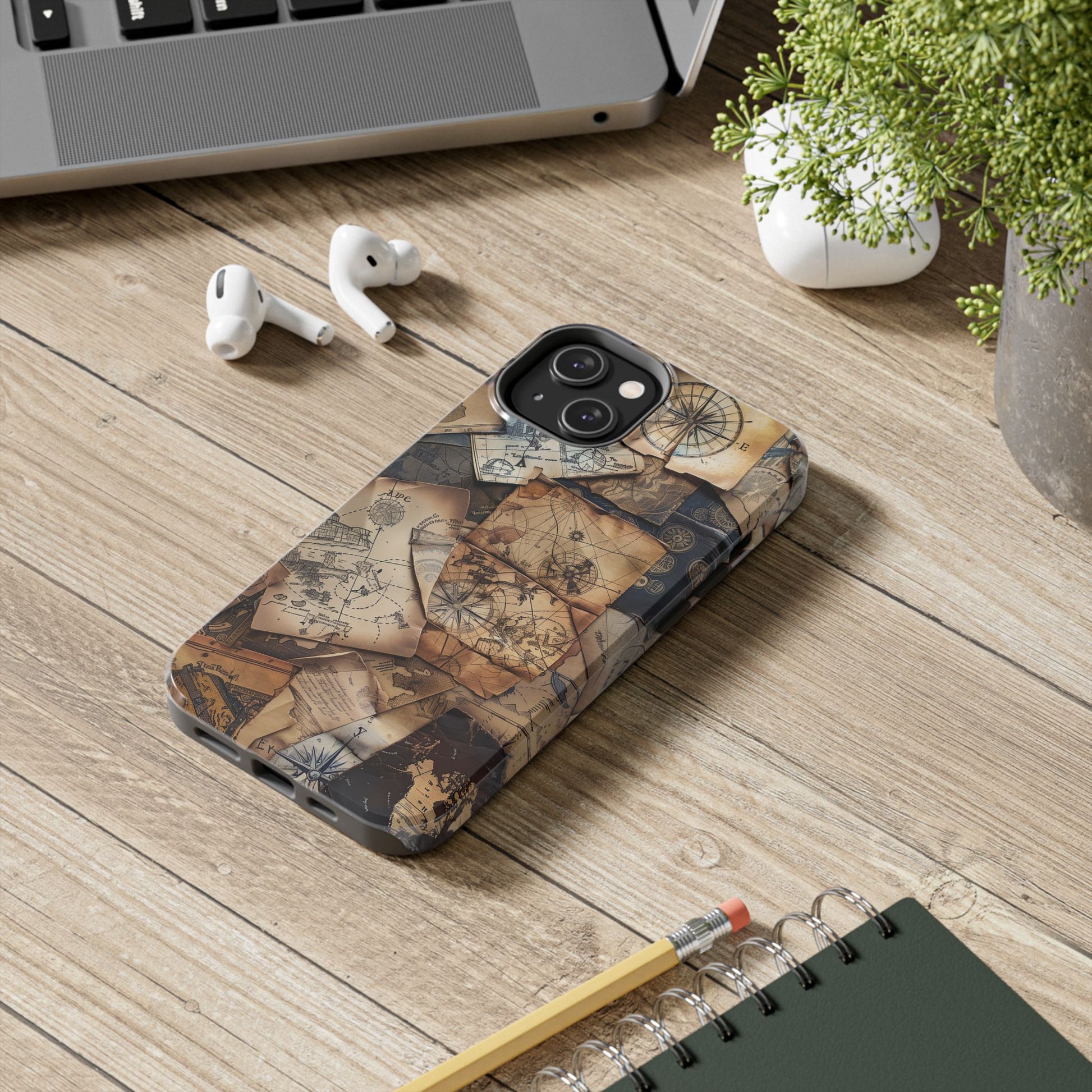 Double Layer Adventure Phone Case - Protective Phone Case Vintage Map and Compass Design - Dual Layer Case with Map Print
