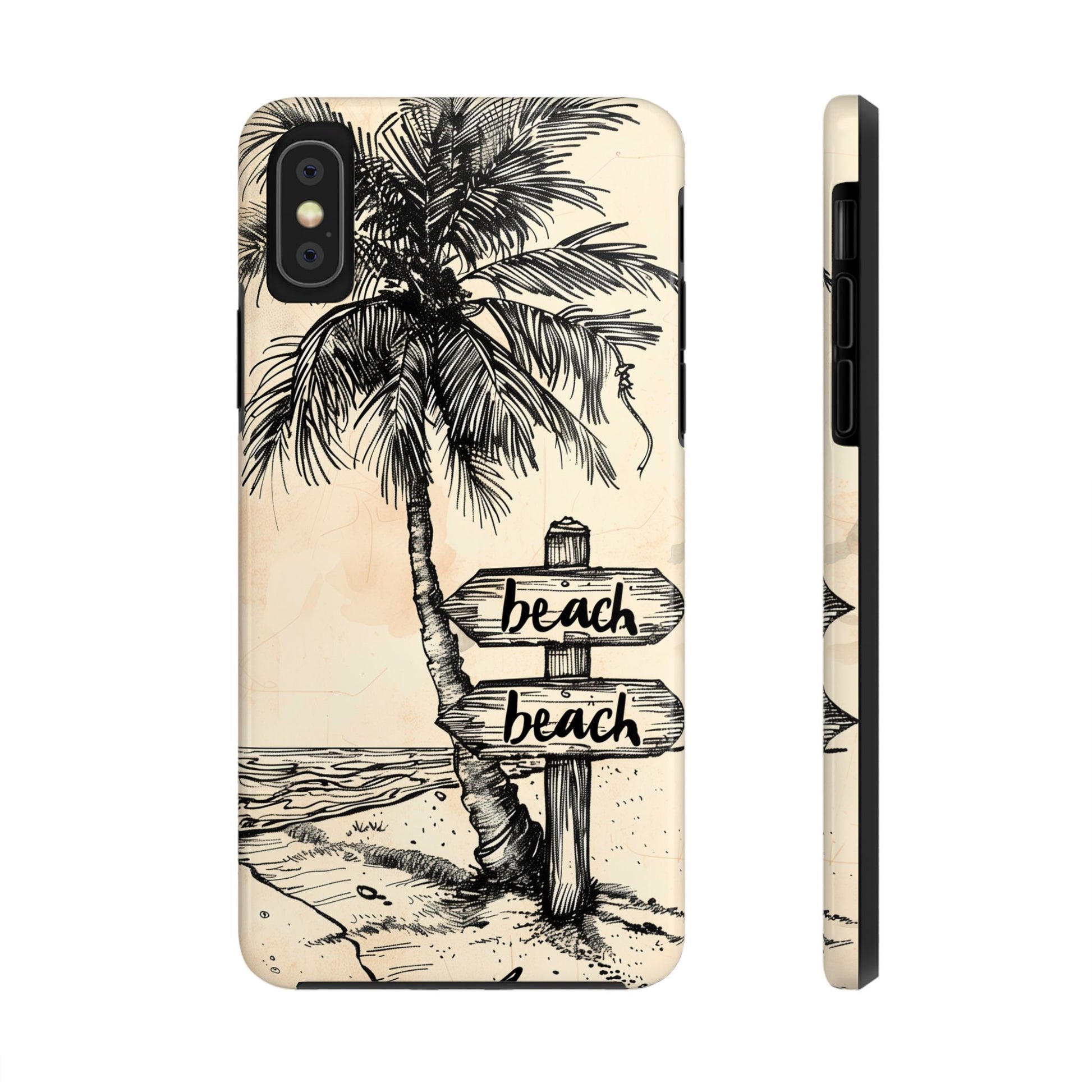 Hand-Drawn Beach Scene Phone Case, Palm Tree iPhone Case, Artistic Tough iPhone 15 Pro Max Case, Hand Drawn Tropicsl Beach iPhone 14 Case