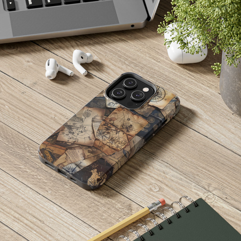 Double Layer Adventure Phone Case - Protective Phone Case Vintage Map and Compass Design - Dual Layer Case with Map Print