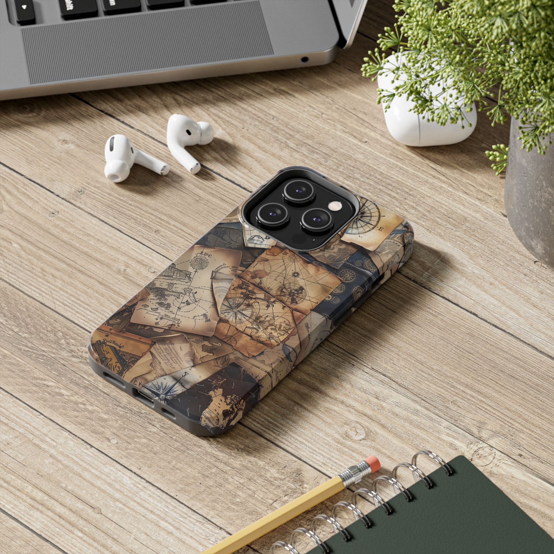 Double Layer Adventure Phone Case - Protective Phone Case Vintage Map and Compass Design - Dual Layer Case with Map Print