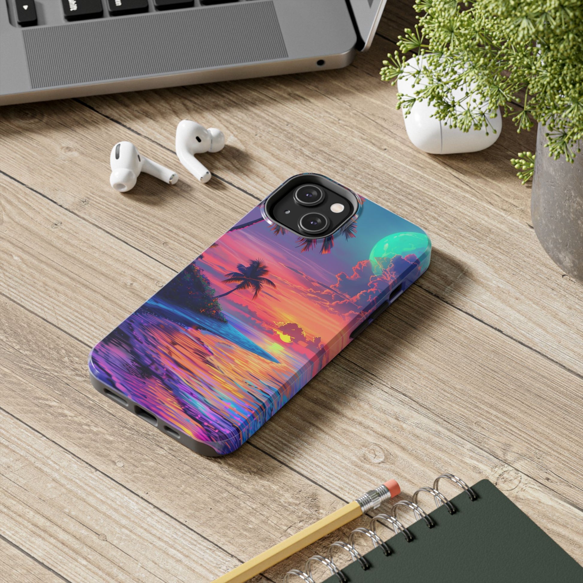 Tough Beach Scene Phone Case - Durable Phone Cover with Lisa Frank Inspired Beach Art - Protective Case with Vibrant Beach Design