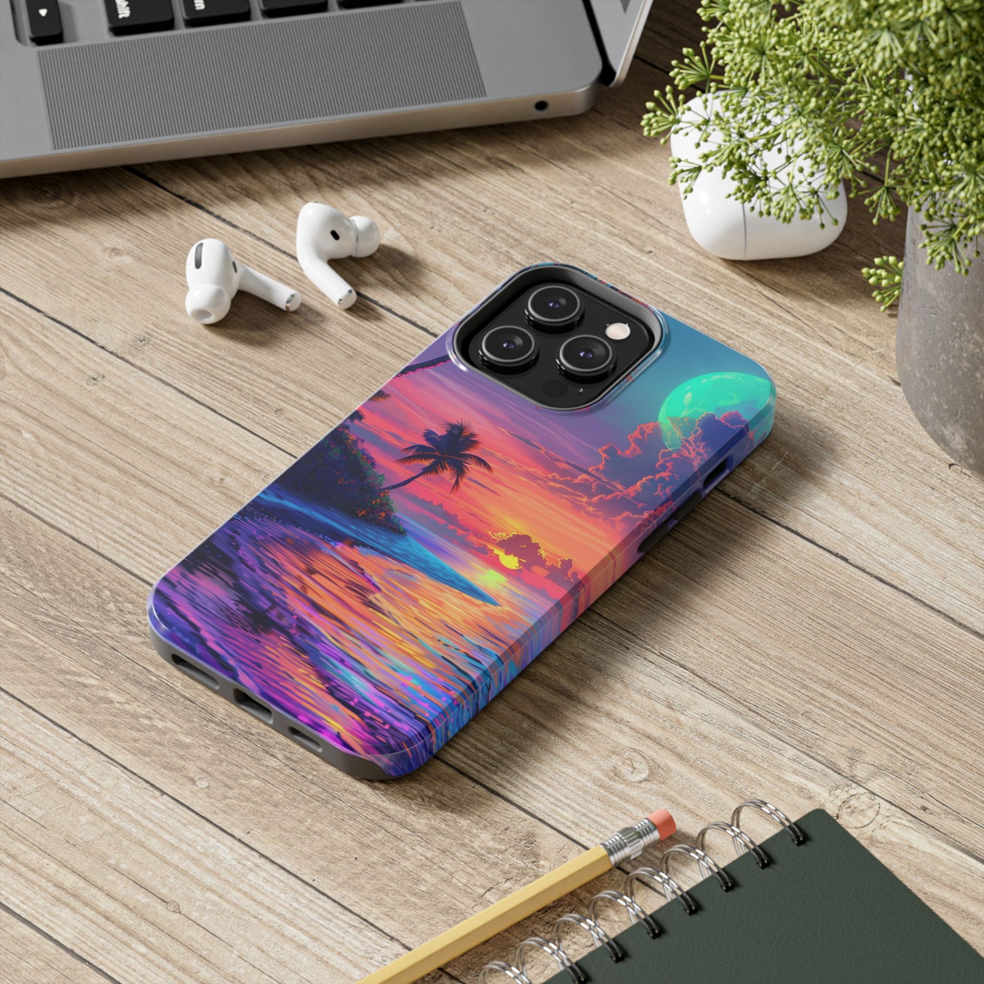 Tough Beach Scene Phone Case - Durable Phone Cover with Lisa Frank Inspired Beach Art - Protective Case with Vibrant Beach Design