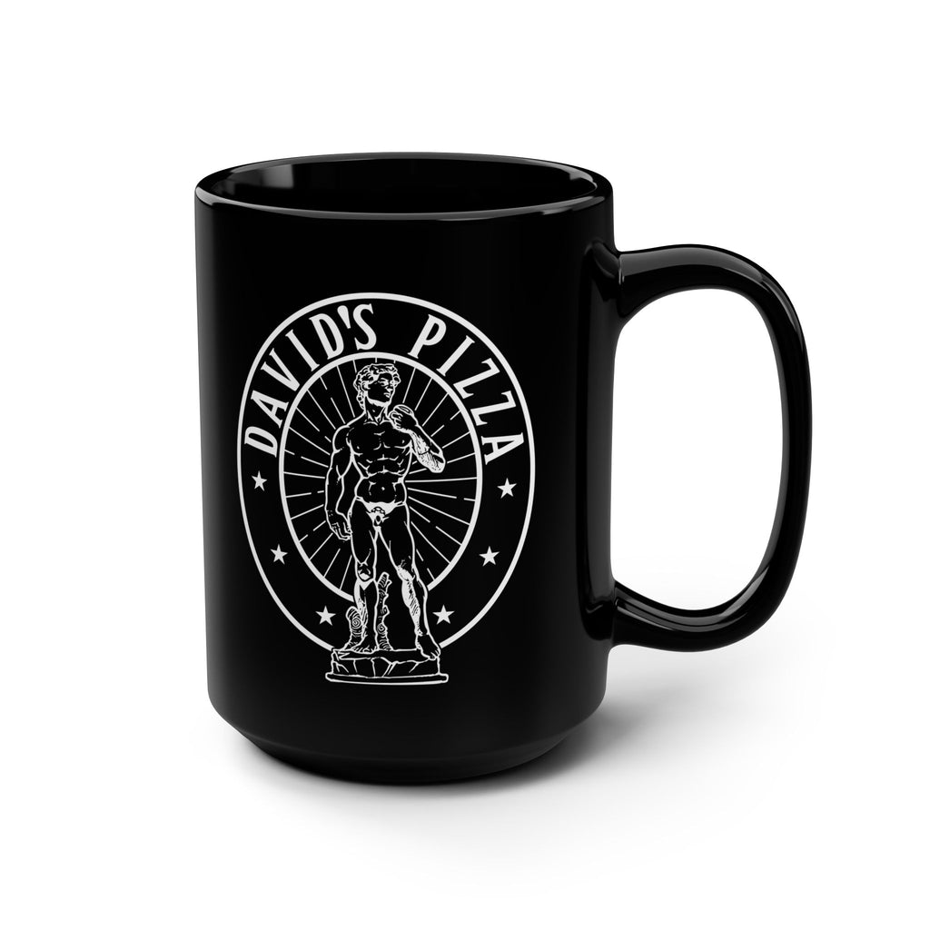 Black mug with 'David's Pizza' logo featuring a statue design on a white background