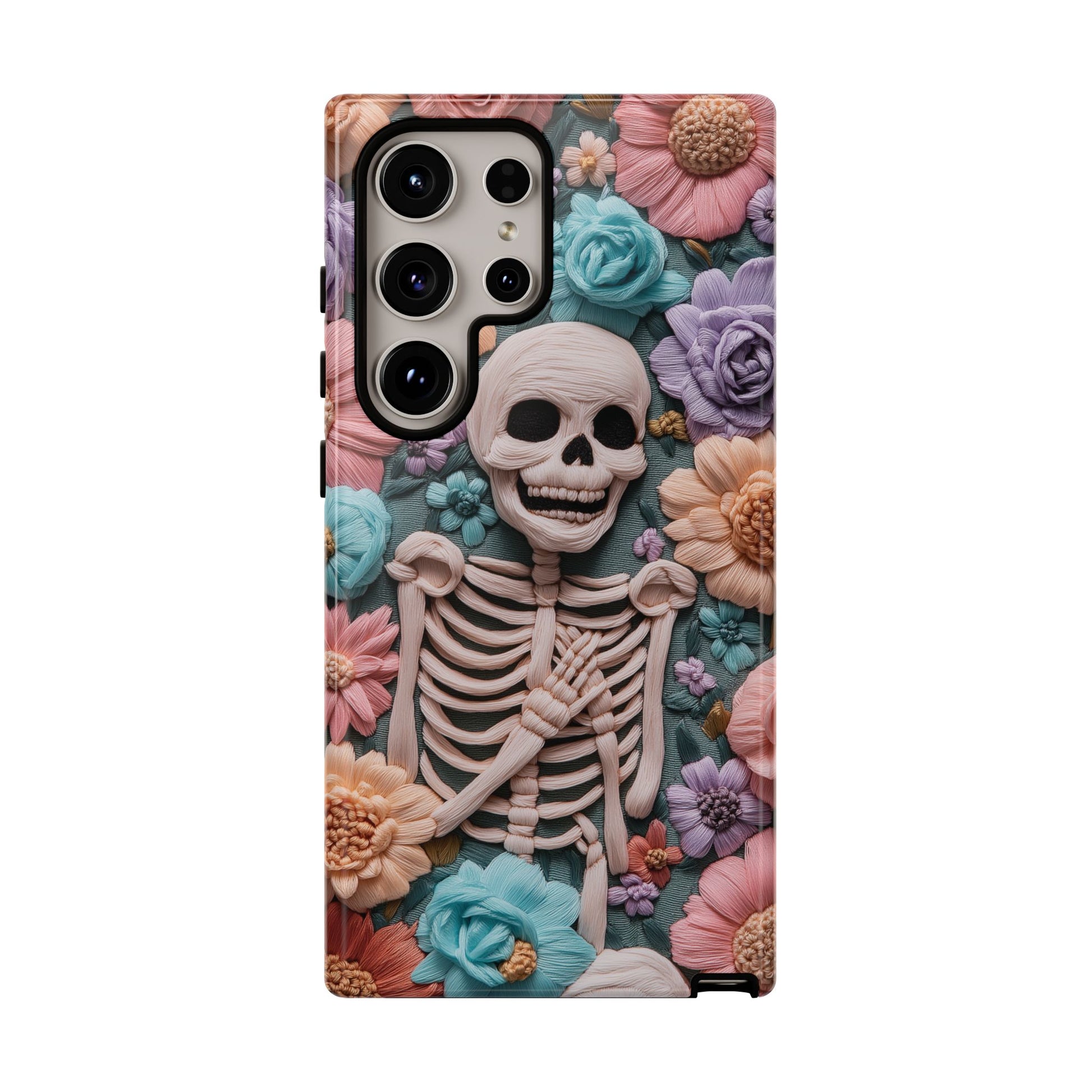 Embroidered Skeleton Gothic Cottagecore Halloween Phone Case 3D Look Flowers Pastel Custom 13 14 15 16 Pro Max Plus Galaxy Pixel
