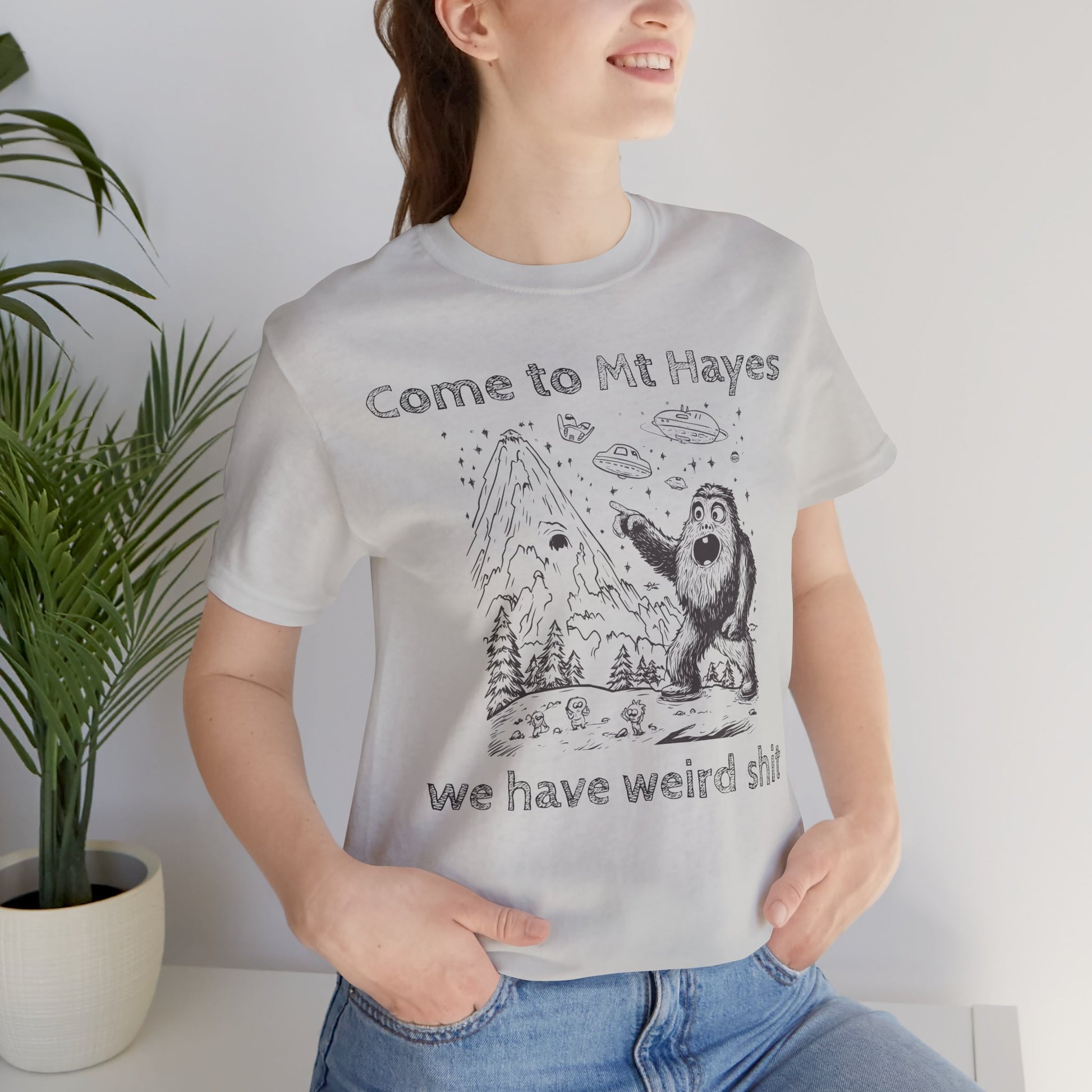 Alien Conspiracy Unisex Tee, Bigfoot Mountain Sketch Shirt, UFO Weird Stuff Tshirt, California Men's Top, Space Extraterrestrial Shirt