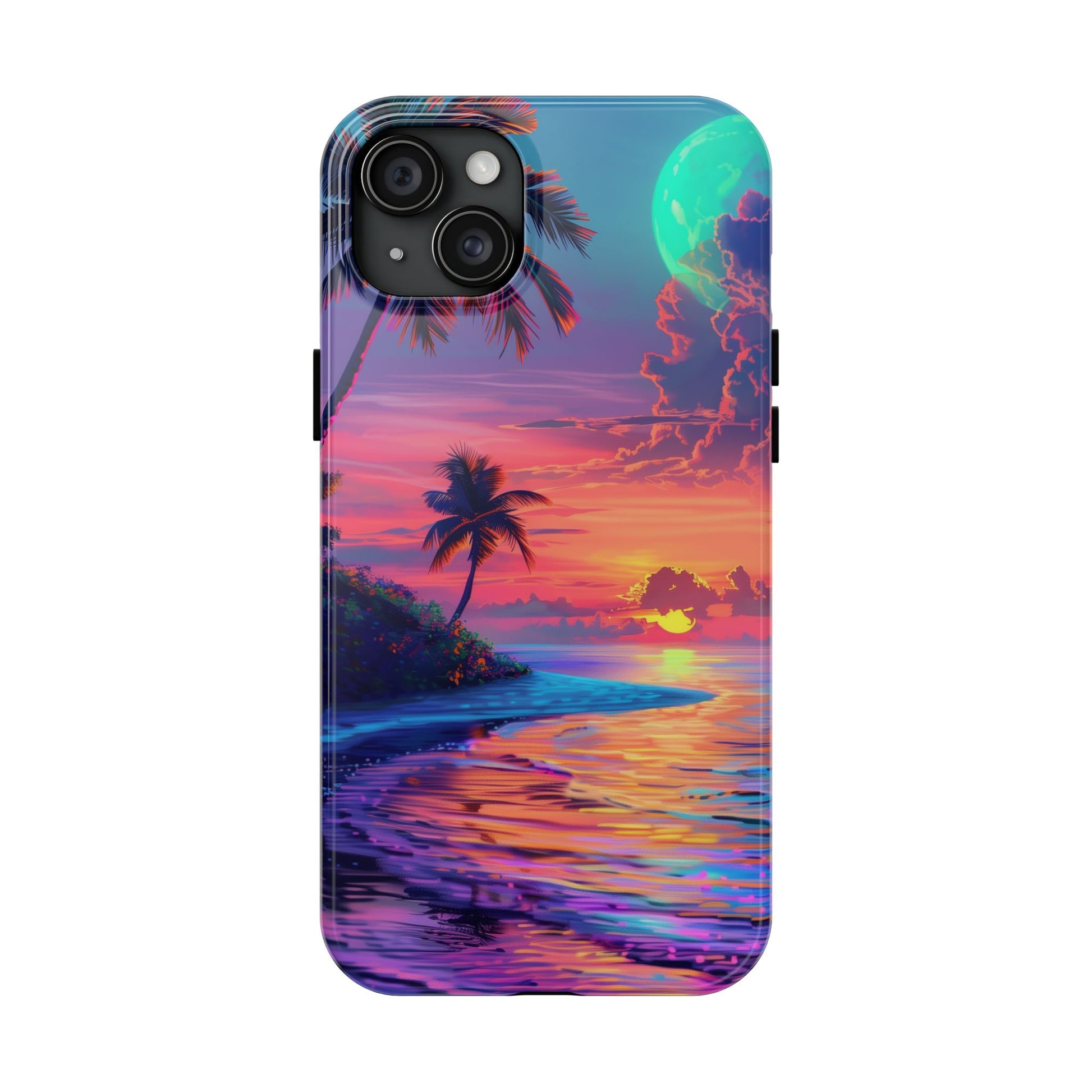 Tough Beach Scene Phone Case - Durable Phone Cover with Lisa Frank Inspired Beach Art - Protective Case with Vibrant Beach Design