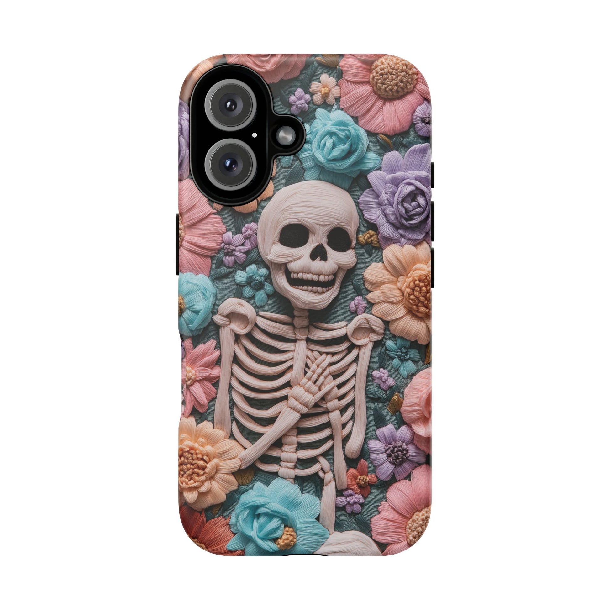 Embroidered Skeleton Gothic Cottagecore Halloween Phone Case 3D Look Flowers Pastel Custom 13 14 15 16 Pro Max Plus Galaxy Pixel