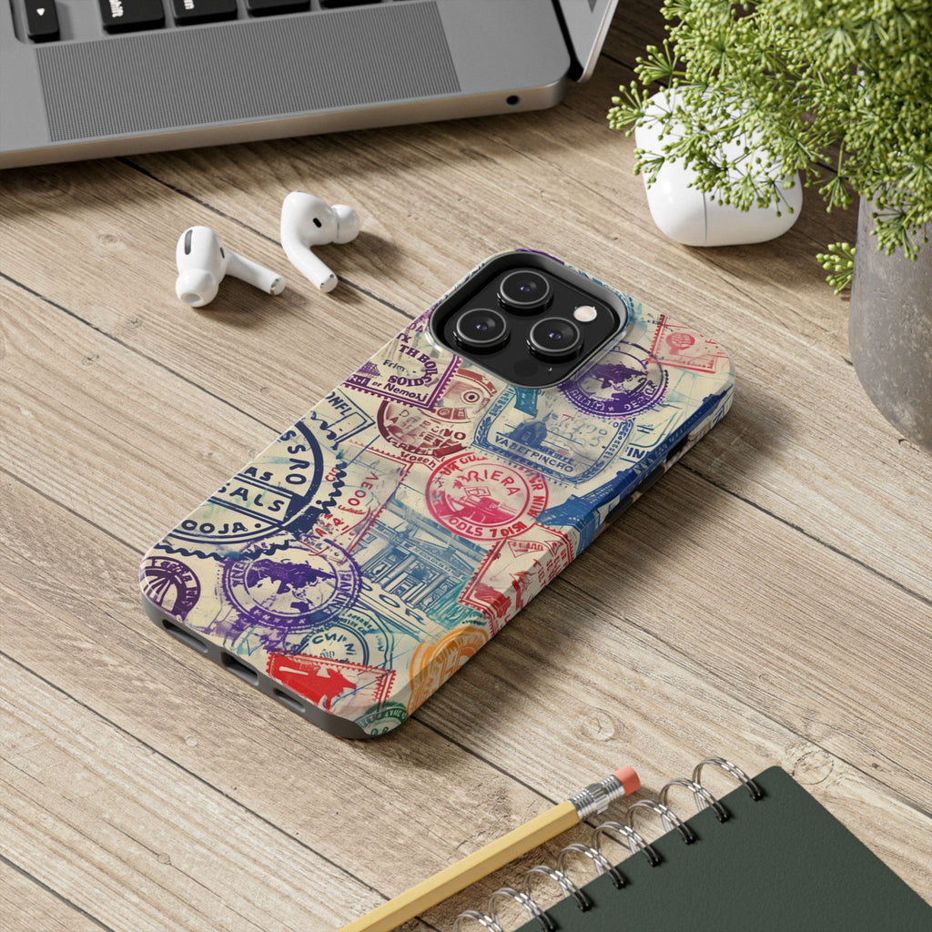 Travel Stamps Tough Phone Case - Durable Vintage Travel Stamps Design - Adventure Inspired Phone Case - Protective Case with travel stamps