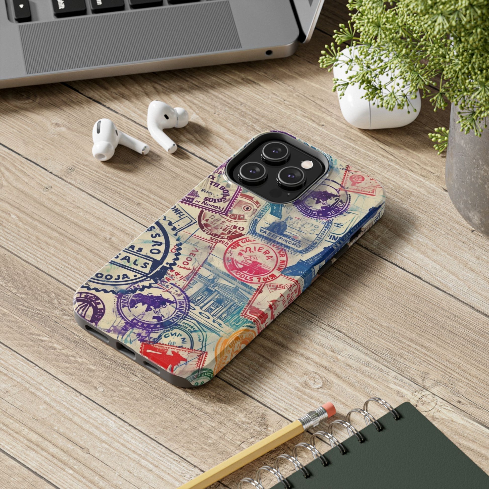 Travel Stamps Tough Phone Case - Durable Vintage Travel Stamps Design - Adventure Inspired Phone Case - Protective Case with travel stamps