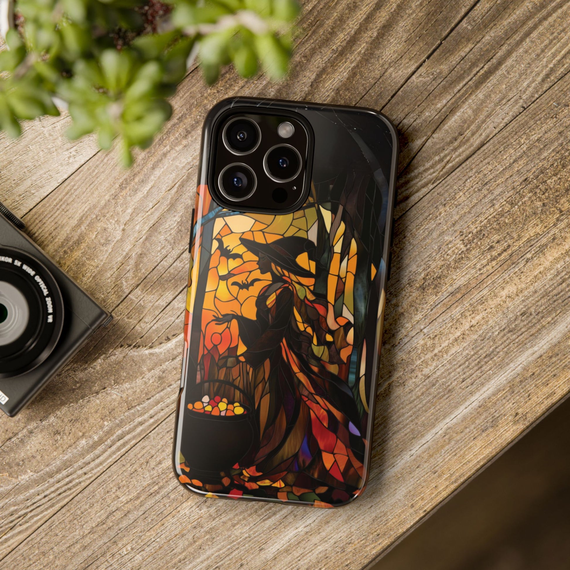 Halloween Witch Stained Glass Effect Dark Academia Spooky Fall Witchy Pumpkin Bats Seasonal Fall Mosaic Case iPhone 13 14 15 16 Pro Max