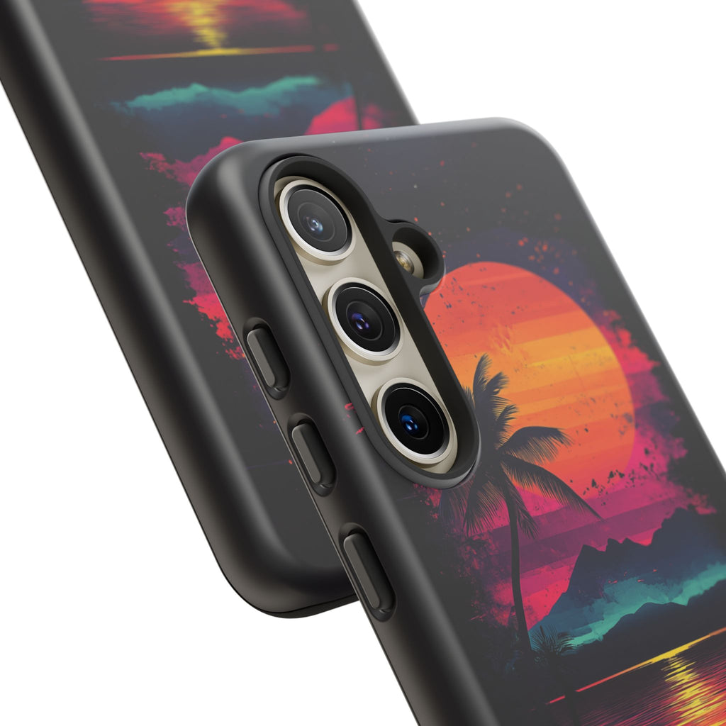 Custom Personalized Retro Palm Tree Sunset Phone Case iPhone 14 15 16 Pro Max Galaxy S24 Google Pixel Mountain Beach Fantasy Surfing Neon