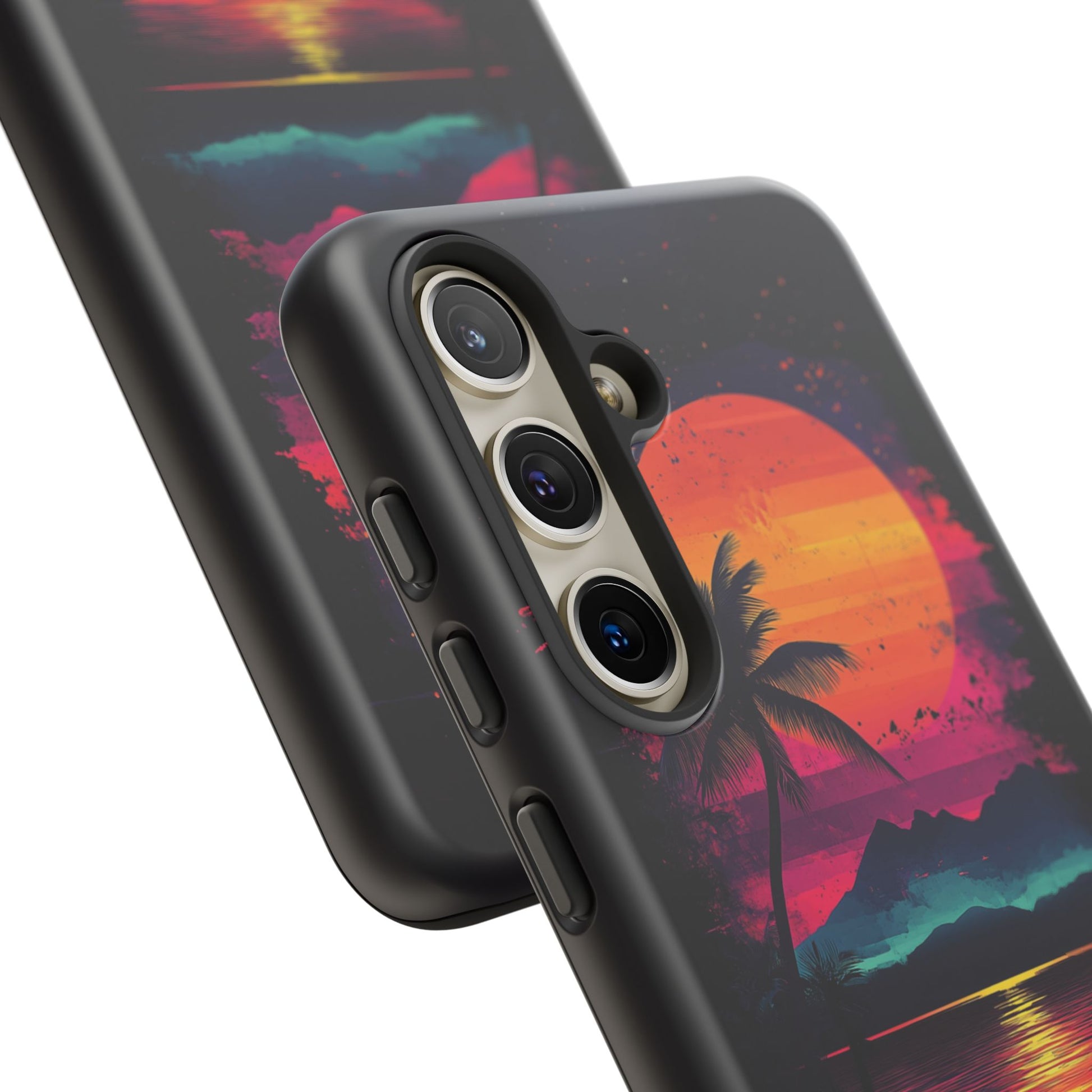 Custom Personalized Retro Palm Tree Sunset Phone Case iPhone 14 15 16 Pro Max Galaxy S24 Google Pixel Mountain Beach Fantasy Surfing Neon