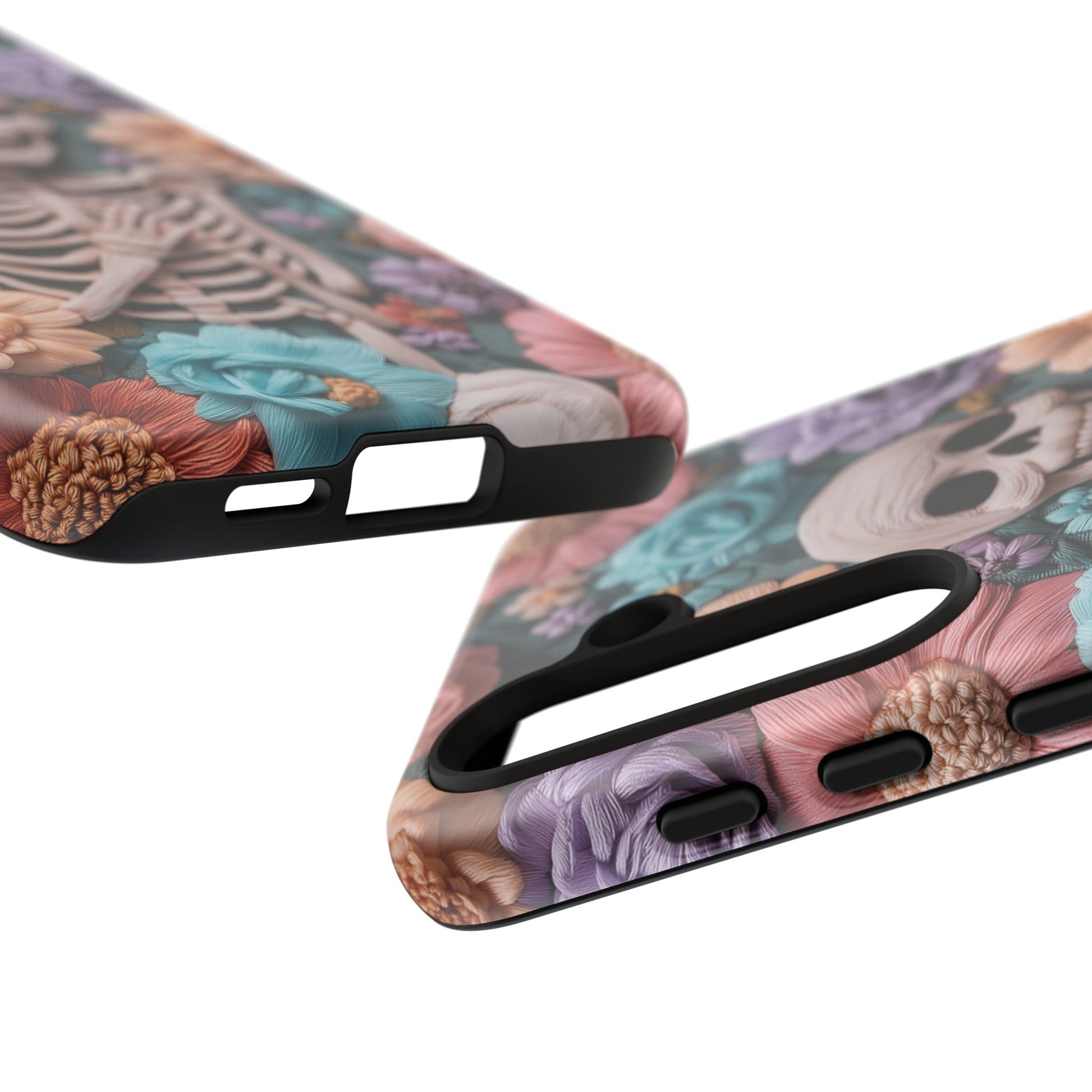 Embroidered Skeleton Gothic Cottagecore Halloween Phone Case 3D Look Flowers Pastel Custom 13 14 15 16 Pro Max Plus Galaxy Pixel