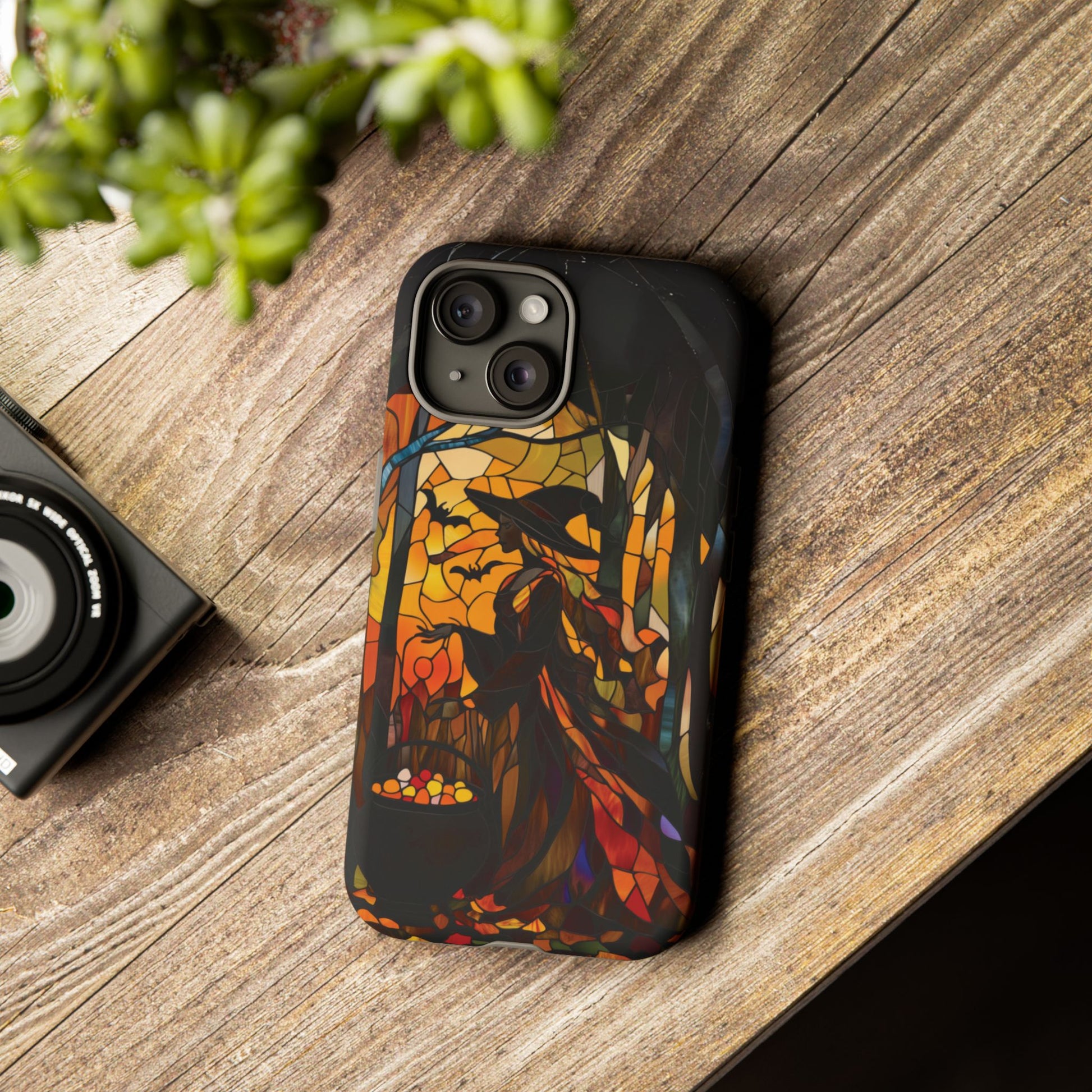 Halloween Witch Stained Glass Effect Dark Academia Spooky Fall Witchy Pumpkin Bats Seasonal Fall Mosaic Case iPhone 13 14 15 16 Pro Max