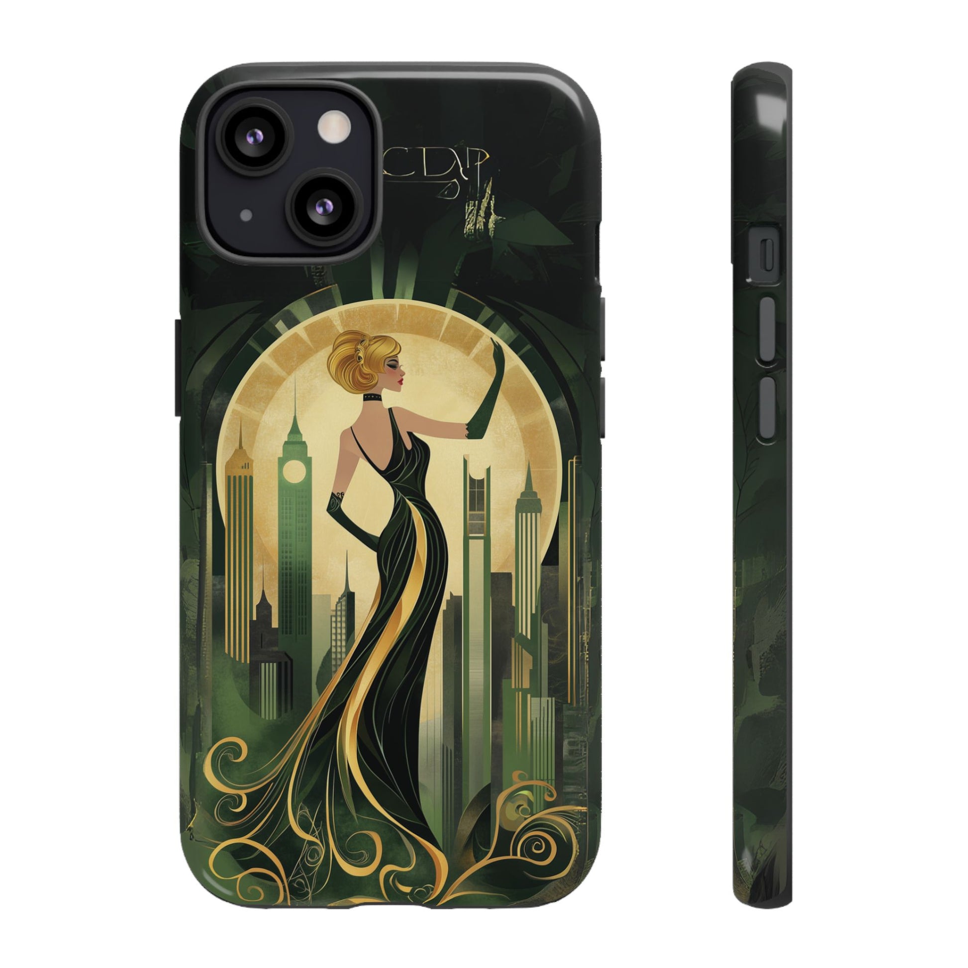 Emerald City Art Deco Flapper Woman Phone Case 1920s Art Nouveau Design in Emerald & Gold Alphonse Mucha Style Gatsby Style Poster