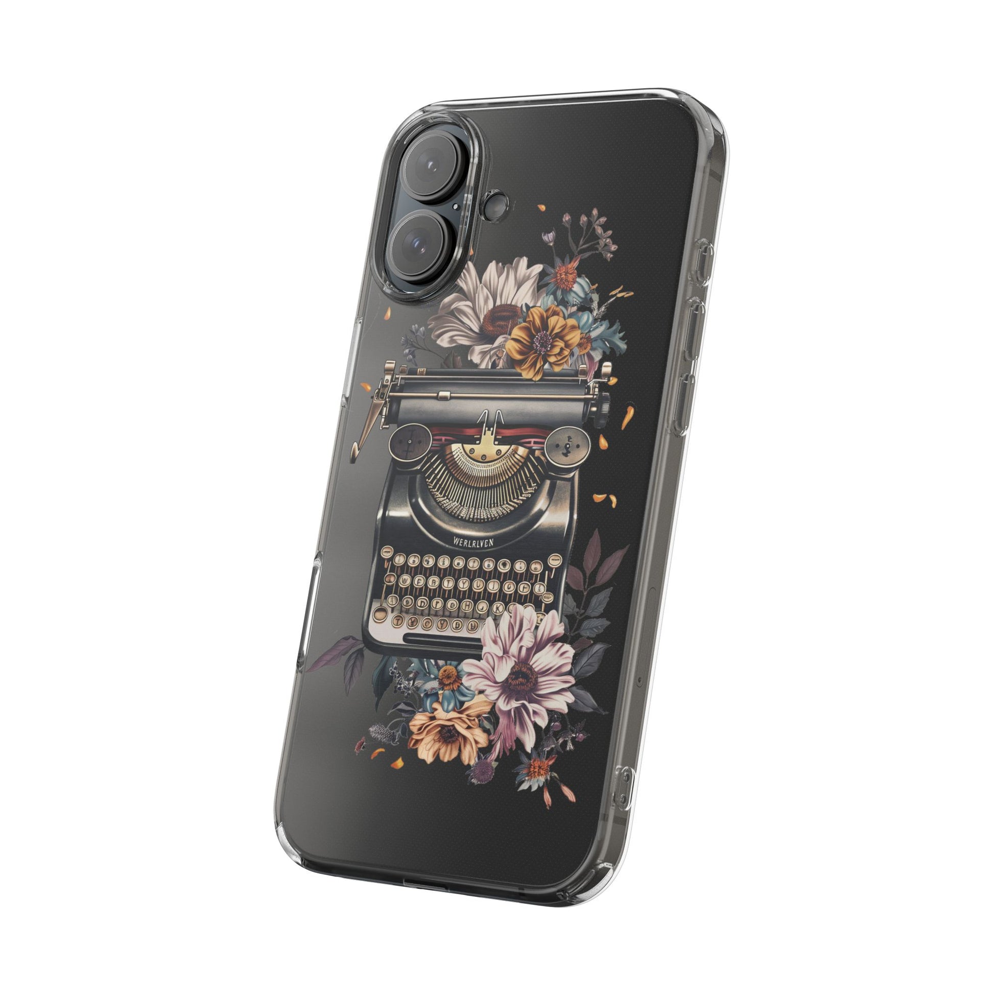 Vintage Cottagecore Typewriter Clear Phone Case with Floral Dark Academia Nostalgic Artistic Typography iPhone 13 14 15 16 Pro Max