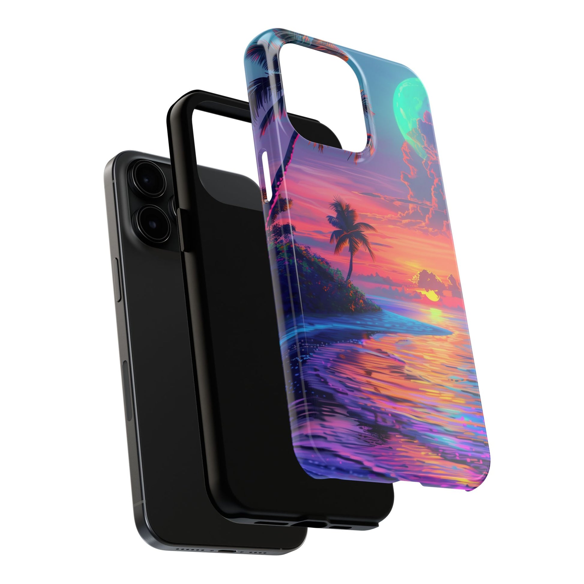Tough Beach Scene Phone Case - Durable Phone Cover with Lisa Frank Inspired Beach Art - Protective Case with Vibrant Beach Design
