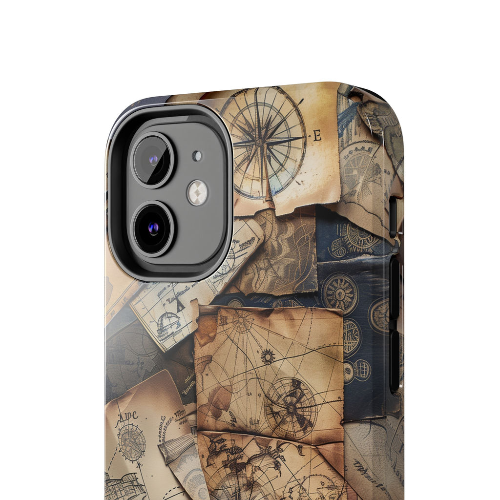 Double Layer Adventure Phone Case - Protective Phone Case Vintage Map and Compass Design - Dual Layer Case with Map Print