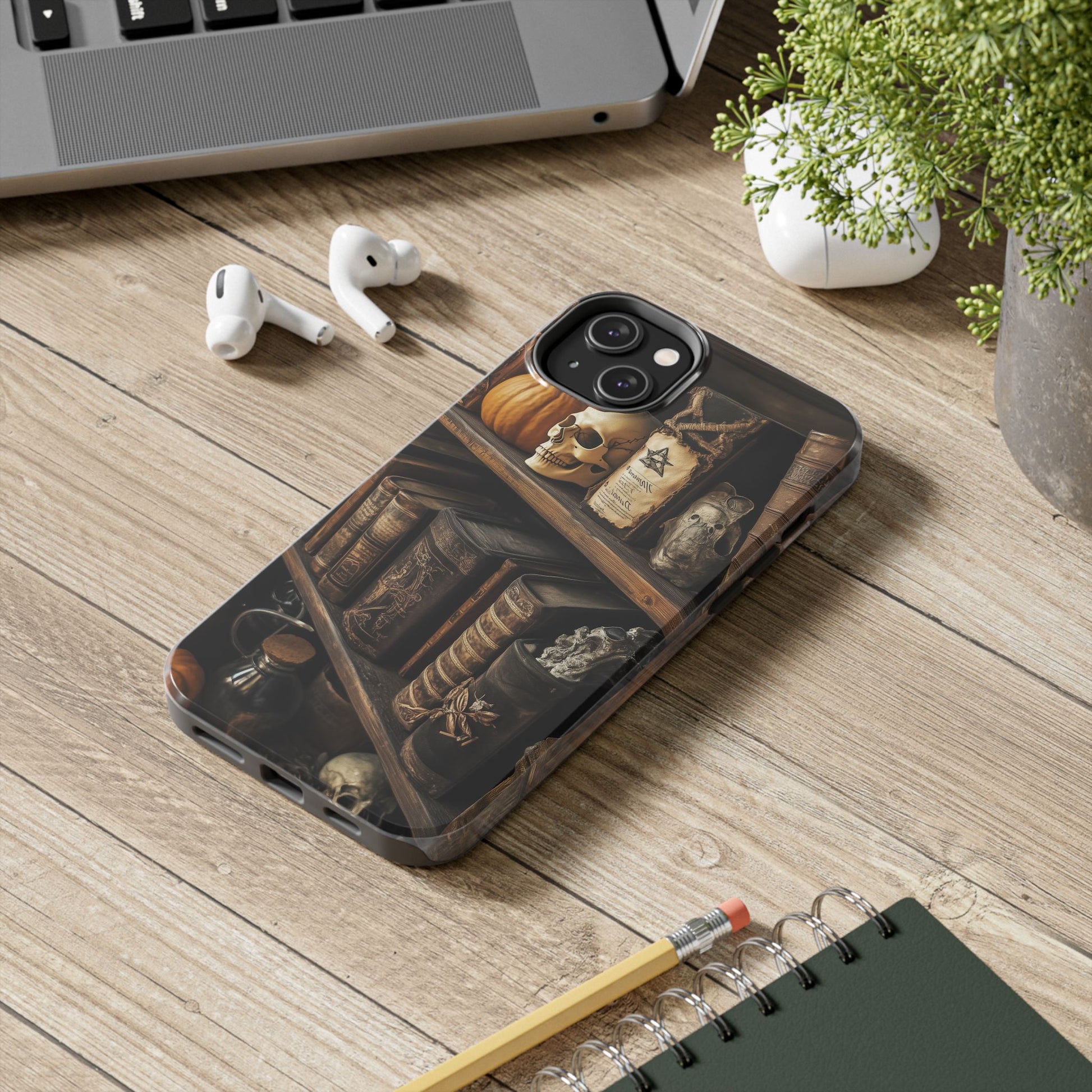 Apothecary Dark Academia Bookcase Goth Skulls floral Black Halloween Pumpkins Samsung Galaxy Apple iPhone 15 Pro Max Case  S24 S23 C