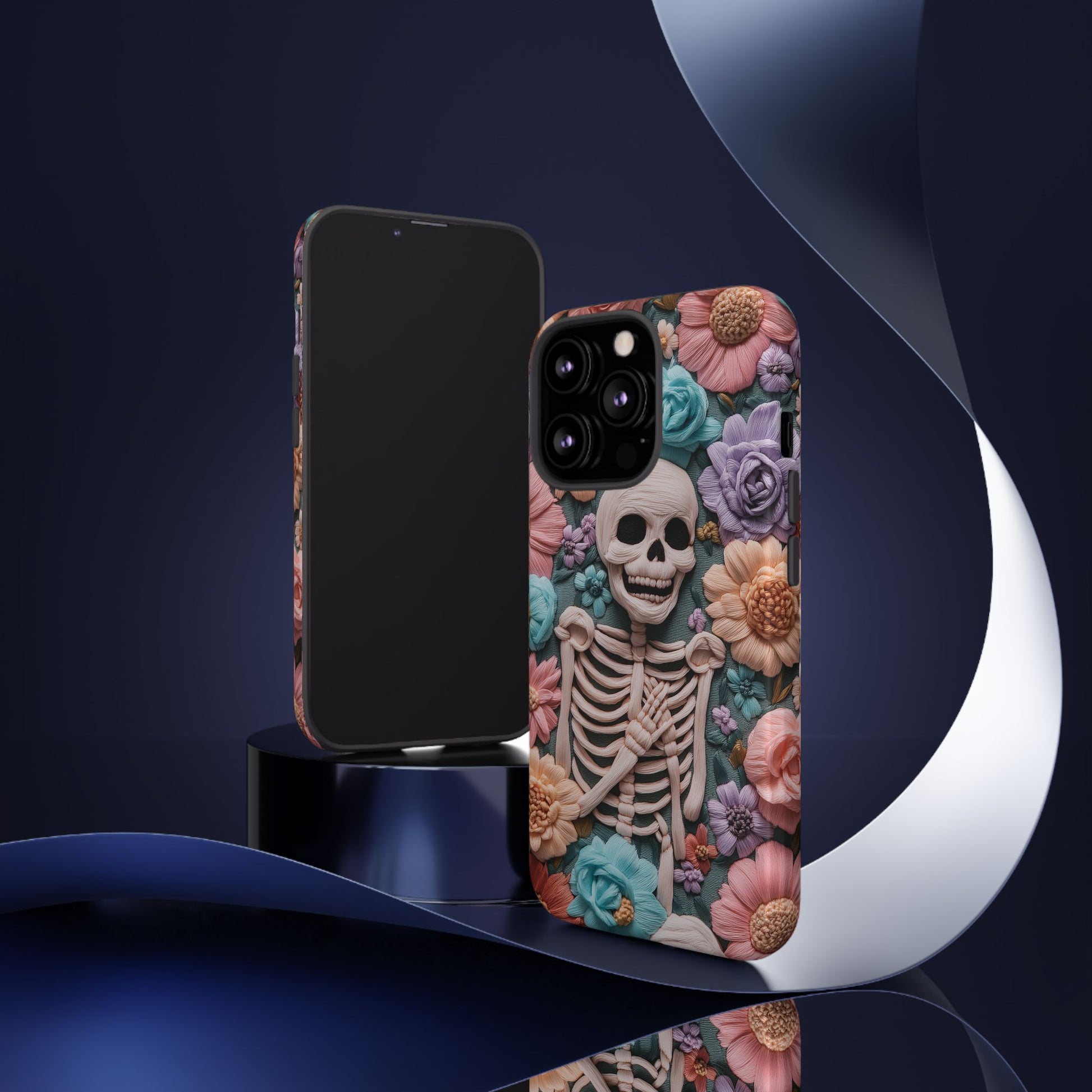 Embroidered Skeleton Gothic Cottagecore Halloween Phone Case 3D Look Flowers Pastel Custom 13 14 15 16 Pro Max Plus Galaxy Pixel