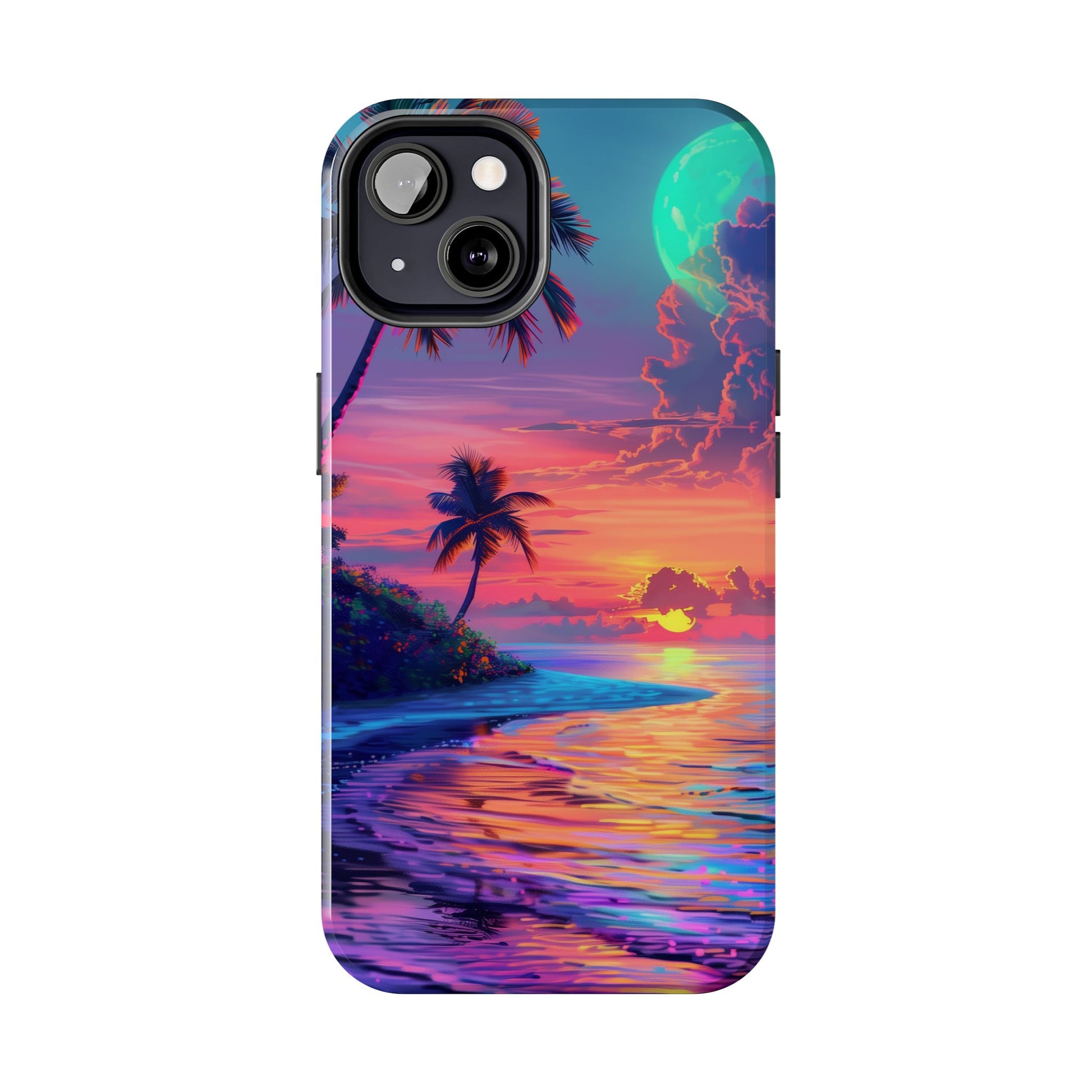 Tough Beach Scene Phone Case - Durable Phone Cover with Lisa Frank Inspired Beach Art - Protective Case with Vibrant Beach Design