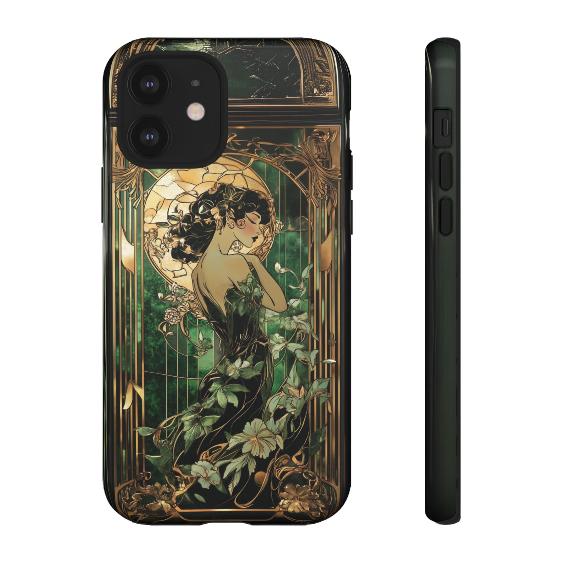 Art Deco Fairy Flapper Woman Phone Case 1920s Art Nouveau Design in Emerald & Gold Alphonse Mucha Style Gatsby Style Poster