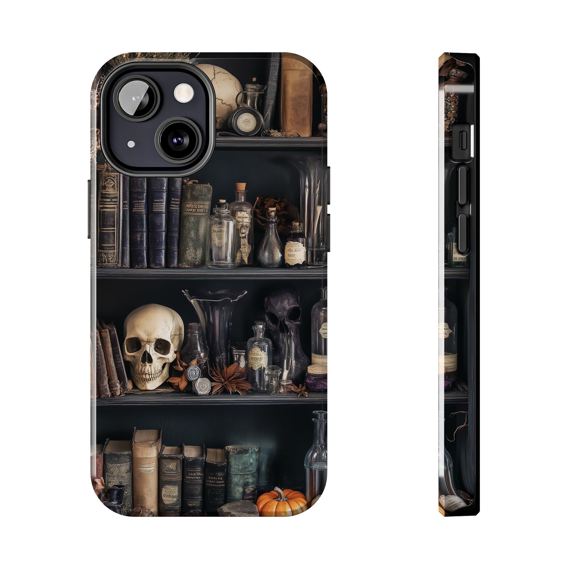 Dark Academia Bookcase Apothecary Goth Skulls floral Black Halloween Pumpkins Samsung Galaxy Apple iPhone 15 Pro Max Case  S24 S23 A