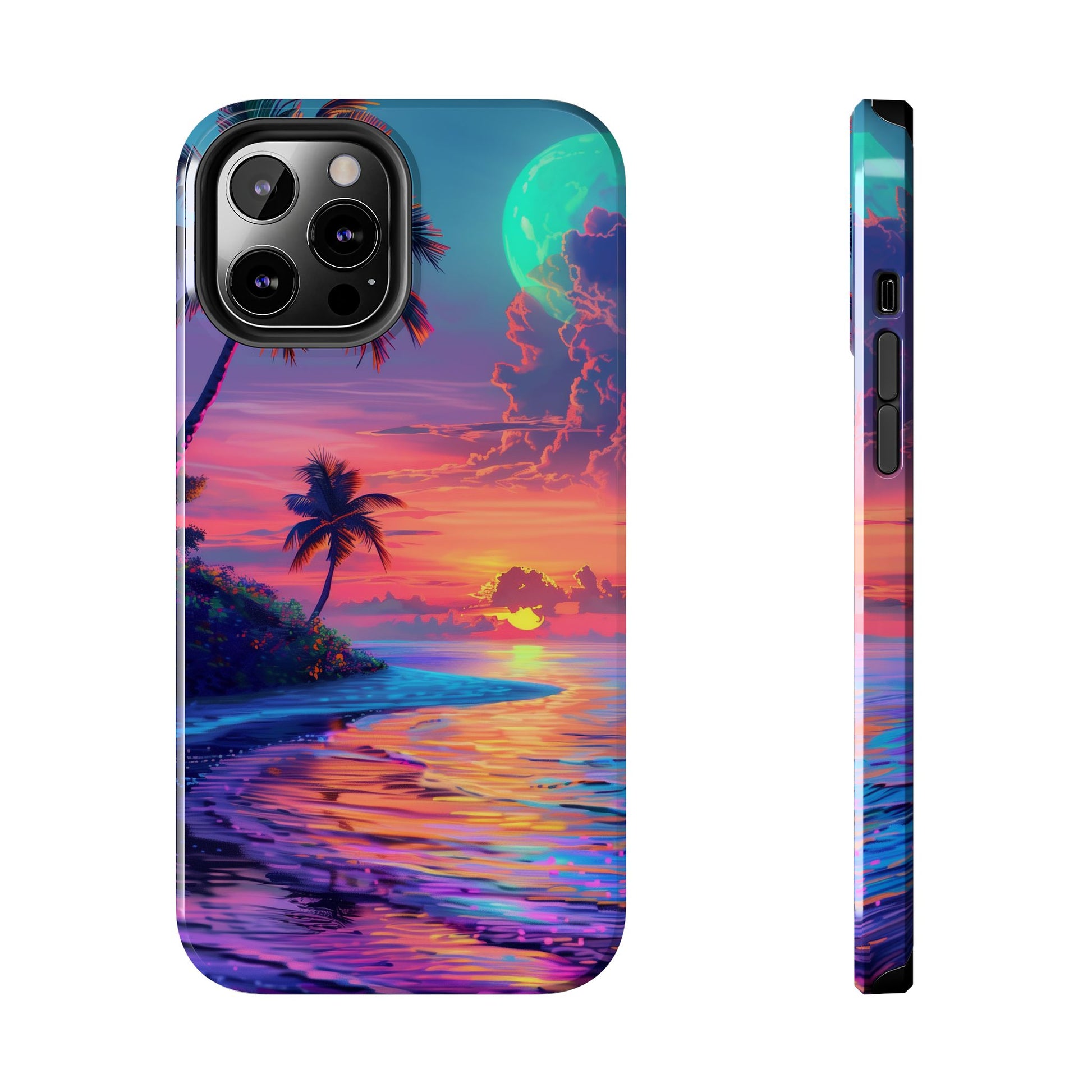 Tough Beach Scene Phone Case - Durable Phone Cover with Lisa Frank Inspired Beach Art - Protective Case with Vibrant Beach Design