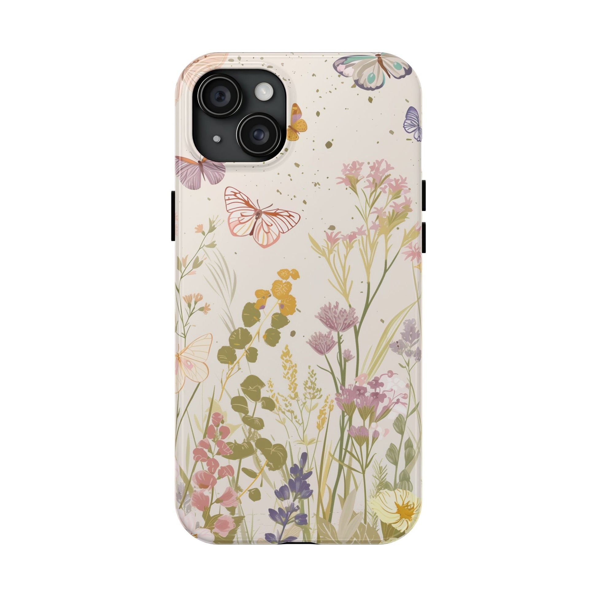 Butterfly Meadow Scene Cottagecore iPhone 15, Pastel Wildflowers & Butterflies, Natural iPhone Case, Cottagecore Garden Case, iPhone 14