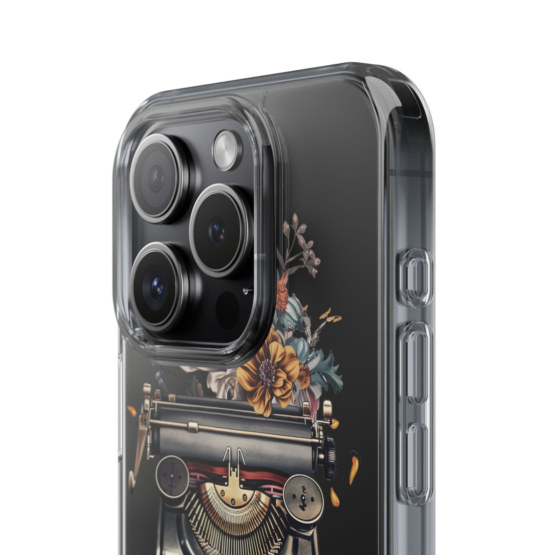 Vintage Cottagecore Typewriter Clear Phone Case with Floral Dark Academia Nostalgic Artistic Typography iPhone 13 14 15 16 Pro Max