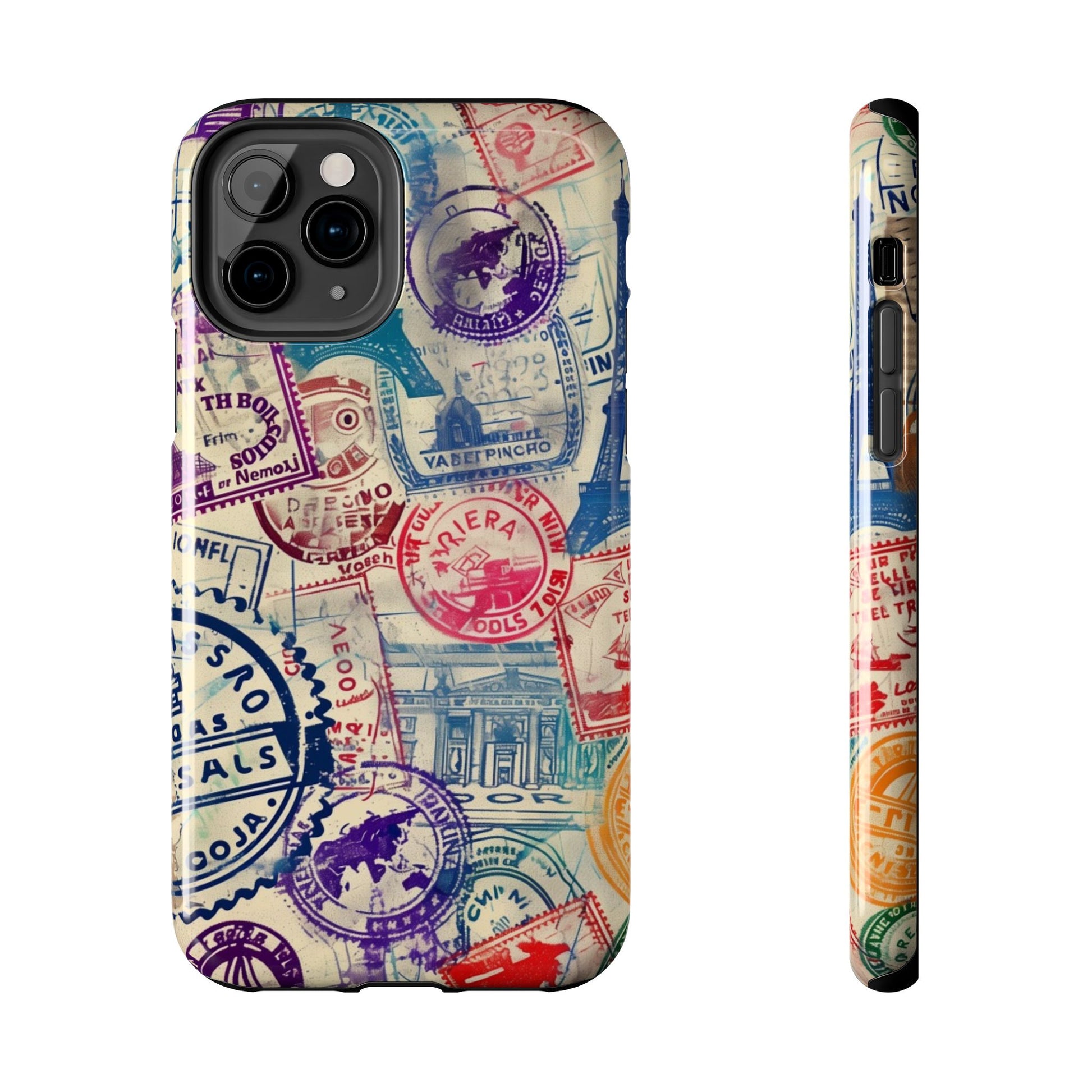 Travel Stamps Tough Phone Case - Durable Vintage Travel Stamps Design - Adventure Inspired Phone Case - Protective Case with travel stamps