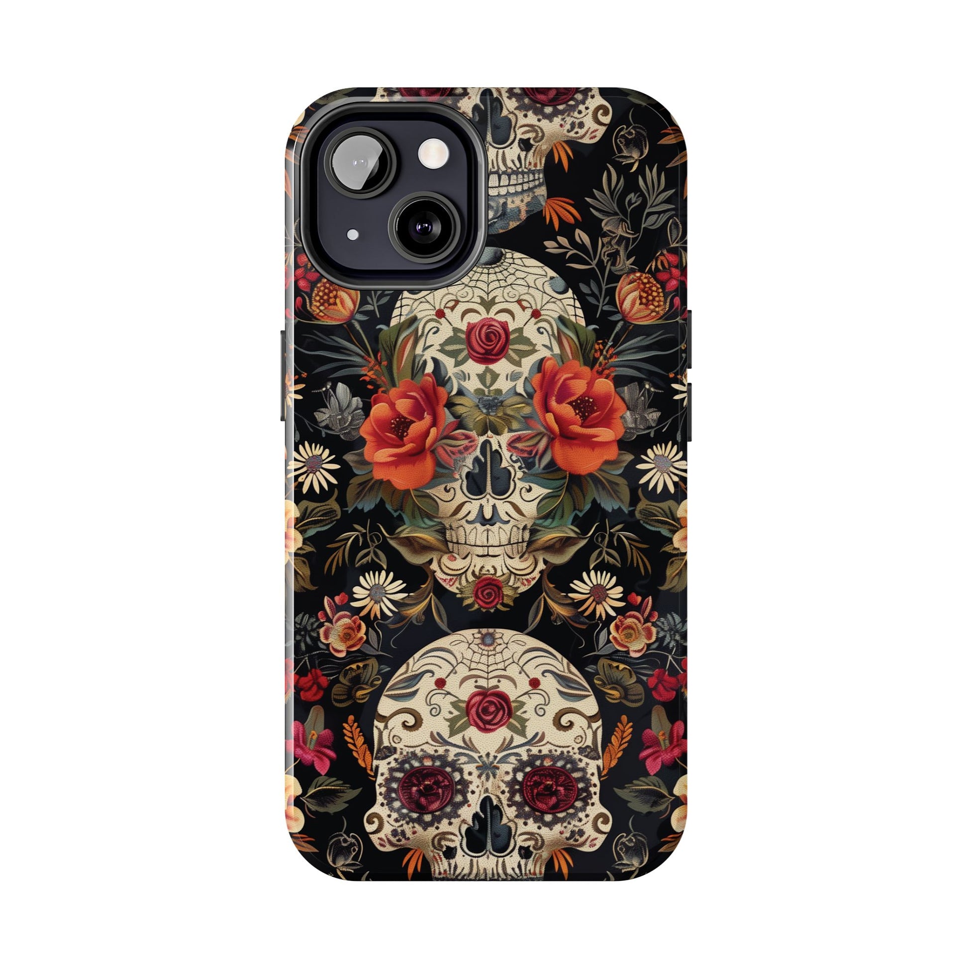 Embroidered Skeletons Phone Case, Flowers and Skulls, Halloween Cottagecore Day of the Dead, iPhone Dia de Los Muertos Gothic