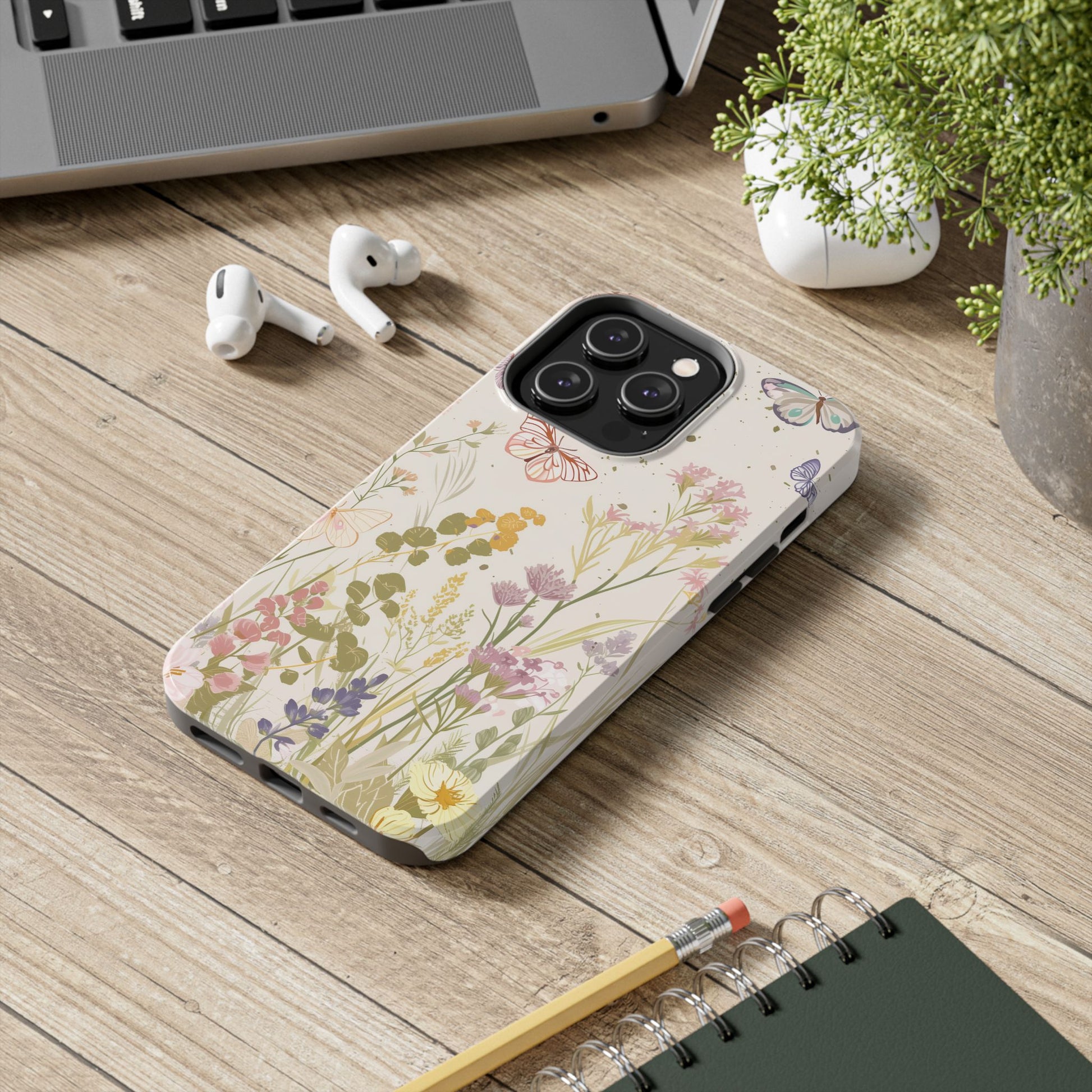 Butterfly Meadow Scene Cottagecore iPhone 15, Pastel Wildflowers & Butterflies, Natural iPhone Case, Cottagecore Garden Case, iPhone 14
