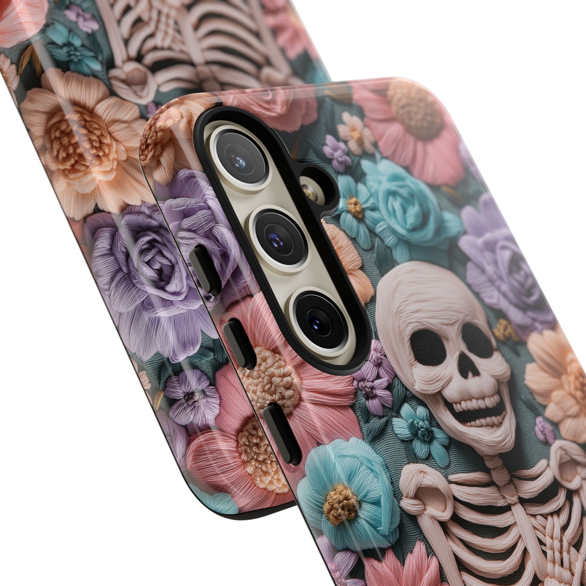 Embroidered Skeleton Gothic Cottagecore Halloween Phone Case 3D Look Flowers Pastel Custom 13 14 15 16 Pro Max Plus Galaxy Pixel