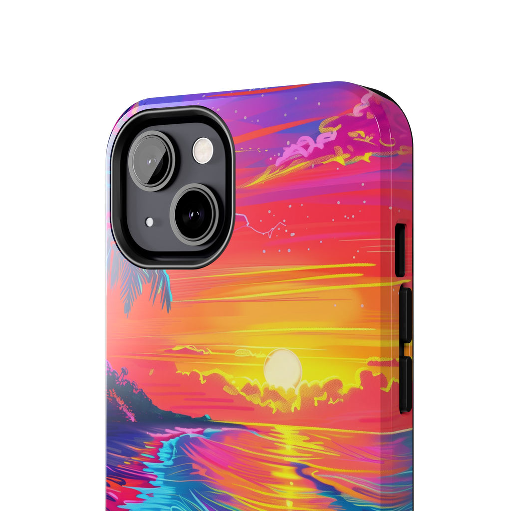 Tough Beach Sunrise Phone Case - Durable Case Lisa Frank Inspired Beach Art - Vibrant Beach Design - Colorful Phone Case for Beach Lovers
