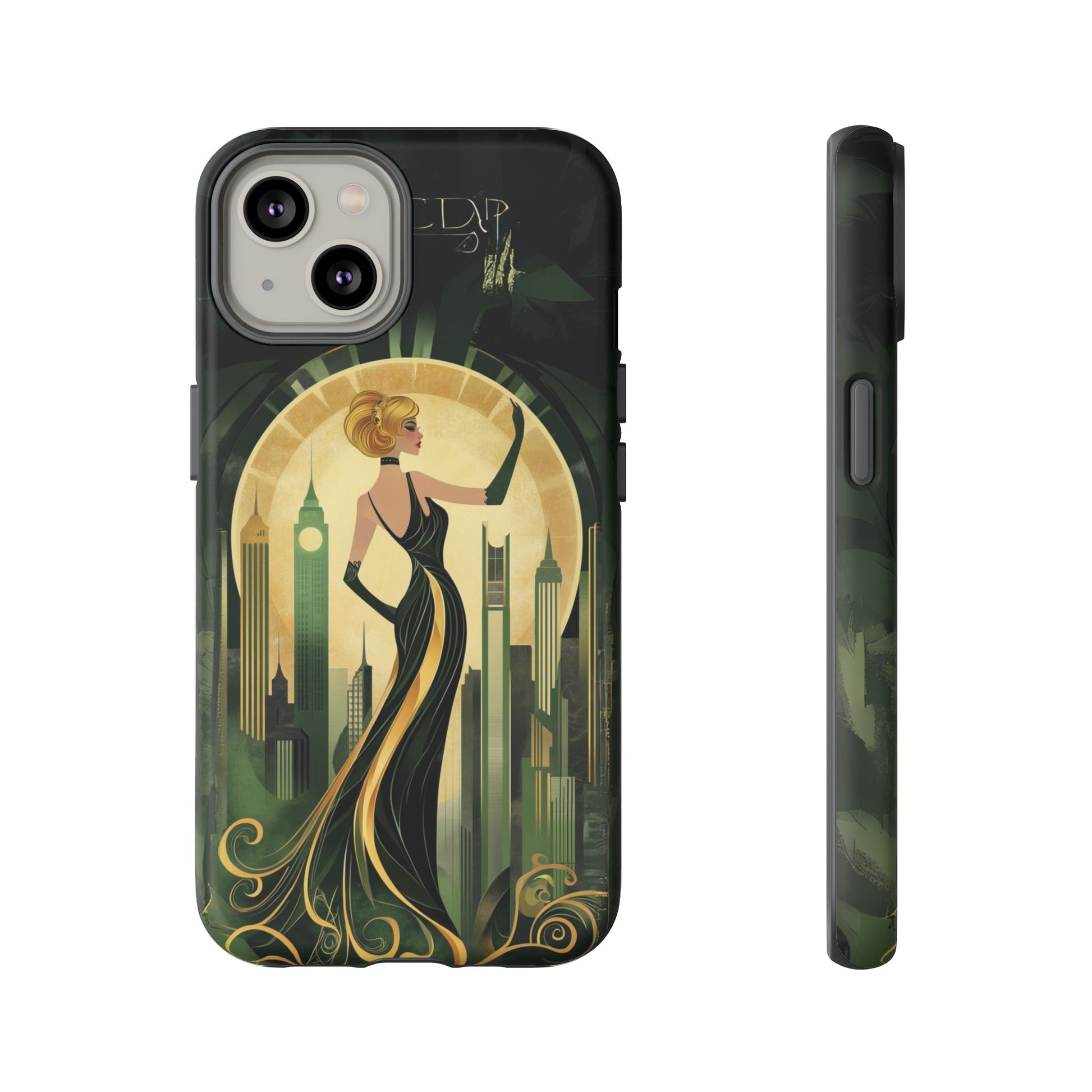 Emerald City Art Deco Flapper Woman Phone Case 1920s Art Nouveau Design in Emerald & Gold Alphonse Mucha Style Gatsby Style Poster