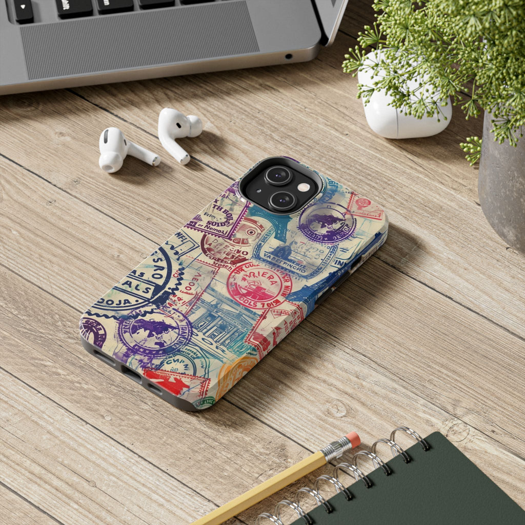 Travel Stamps Tough Phone Case - Durable Vintage Travel Stamps Design - Adventure Inspired Phone Case - Protective Case with travel stamps