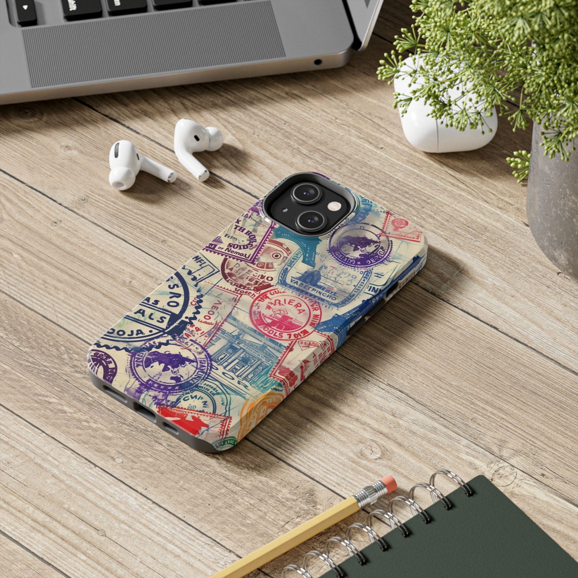 Travel Stamps Tough Phone Case - Durable Vintage Travel Stamps Design - Adventure Inspired Phone Case - Protective Case with travel stamps