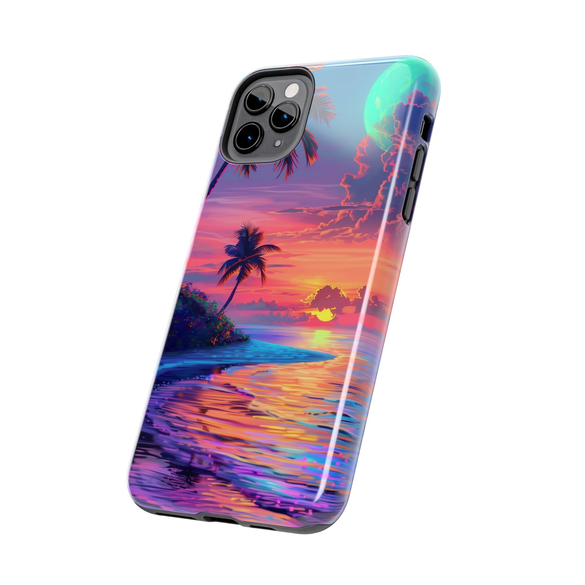 Tough Beach Scene Phone Case - Durable Phone Cover with Lisa Frank Inspired Beach Art - Protective Case with Vibrant Beach Design